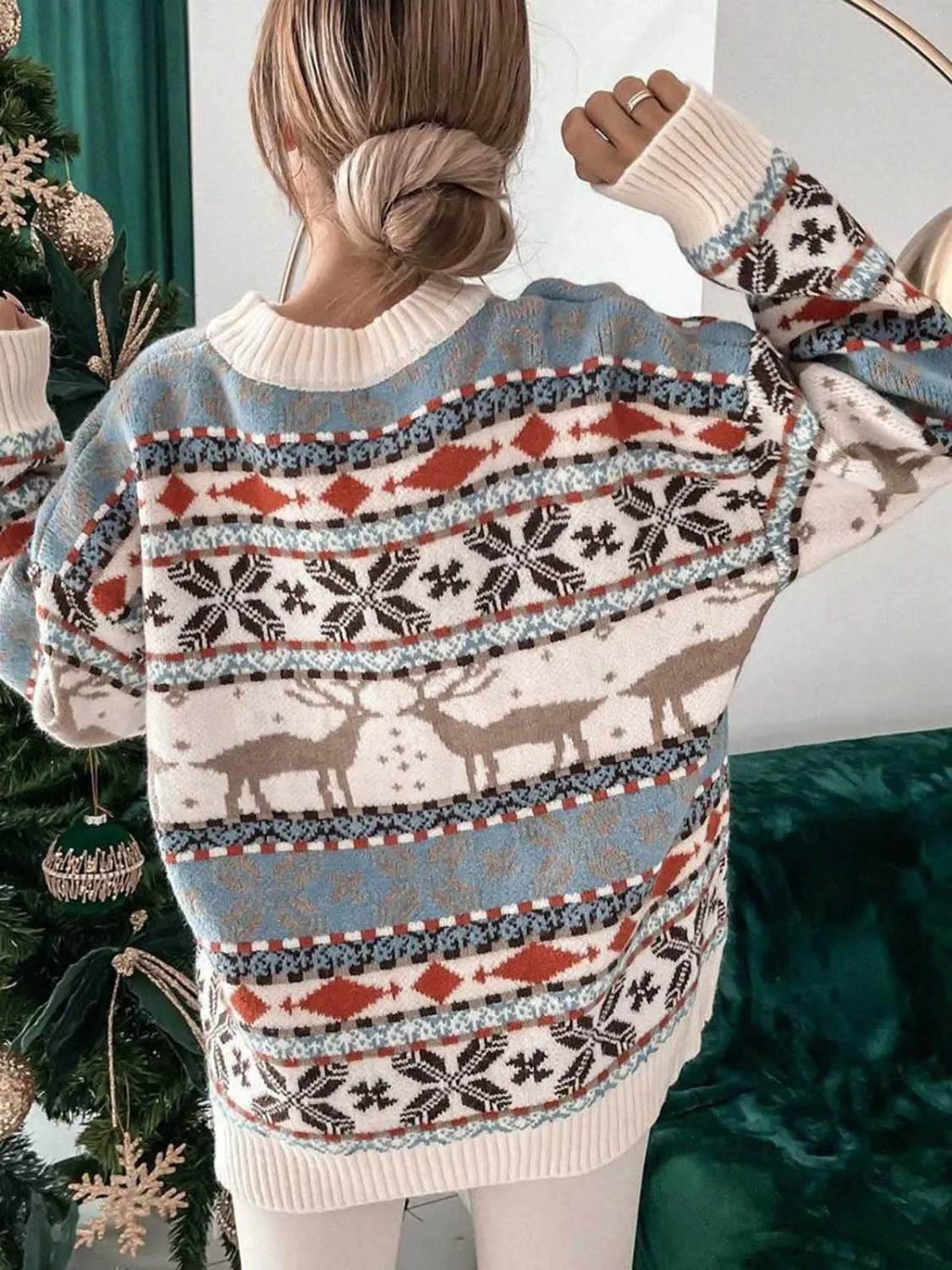 Reindeer Round Neck Dropped Shoulder Sweater