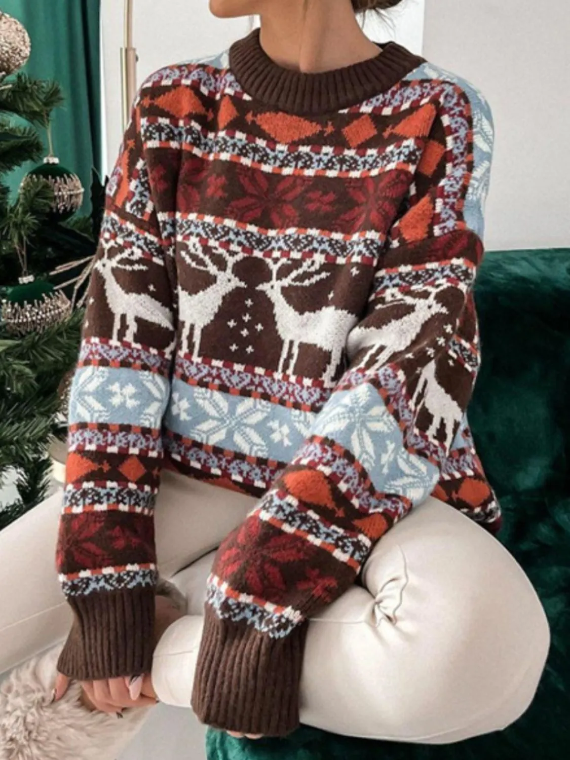 Reindeer Round Neck Dropped Shoulder Sweater