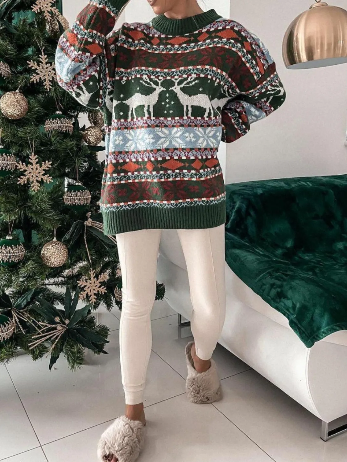 Reindeer Round Neck Dropped Shoulder Sweater