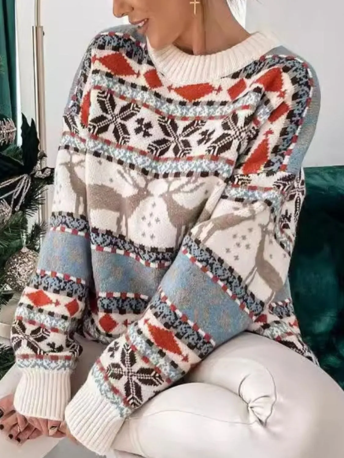 Reindeer Round Neck Dropped Shoulder Sweater