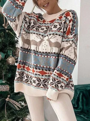 Reindeer Round Neck Dropped Shoulder Sweater