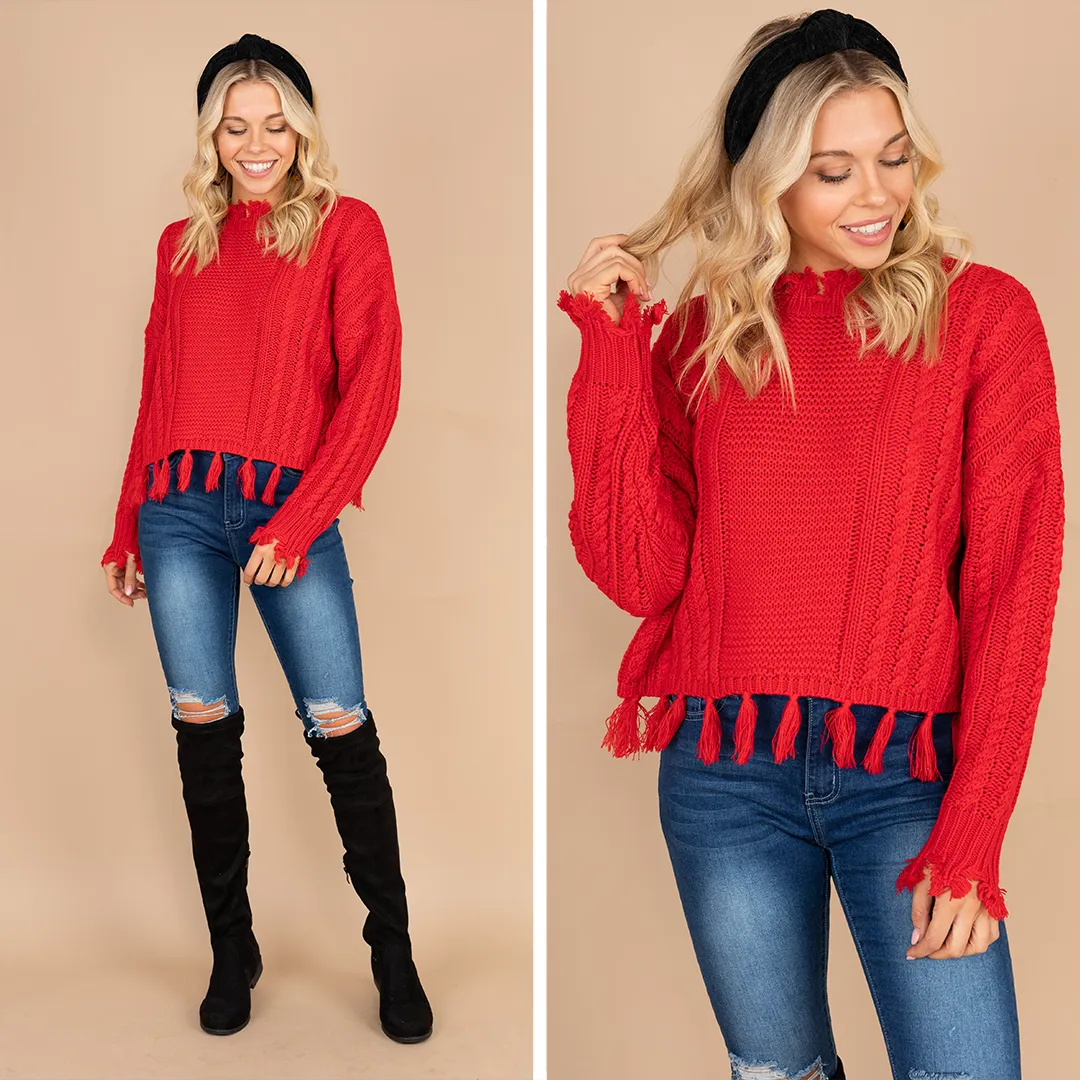 Return To Chic Red Distressed Sweater