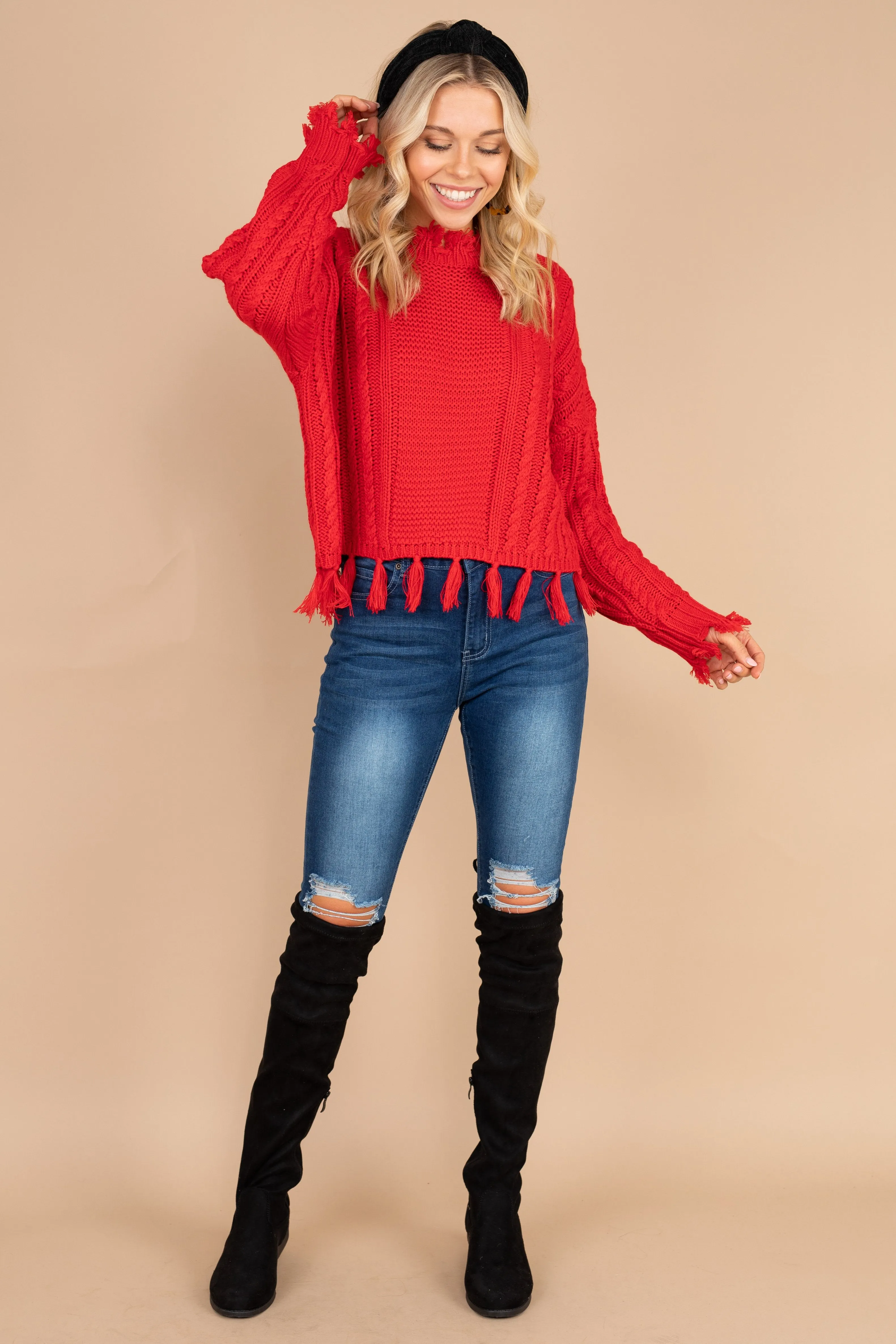 Return To Chic Red Distressed Sweater