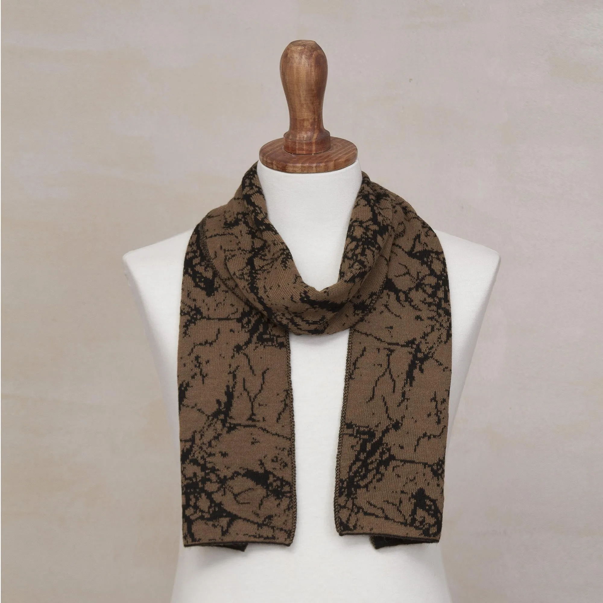 Reversible Variegated Brown and Black Alpaca Blend Scarf - Marbled Beauty | NOVICA