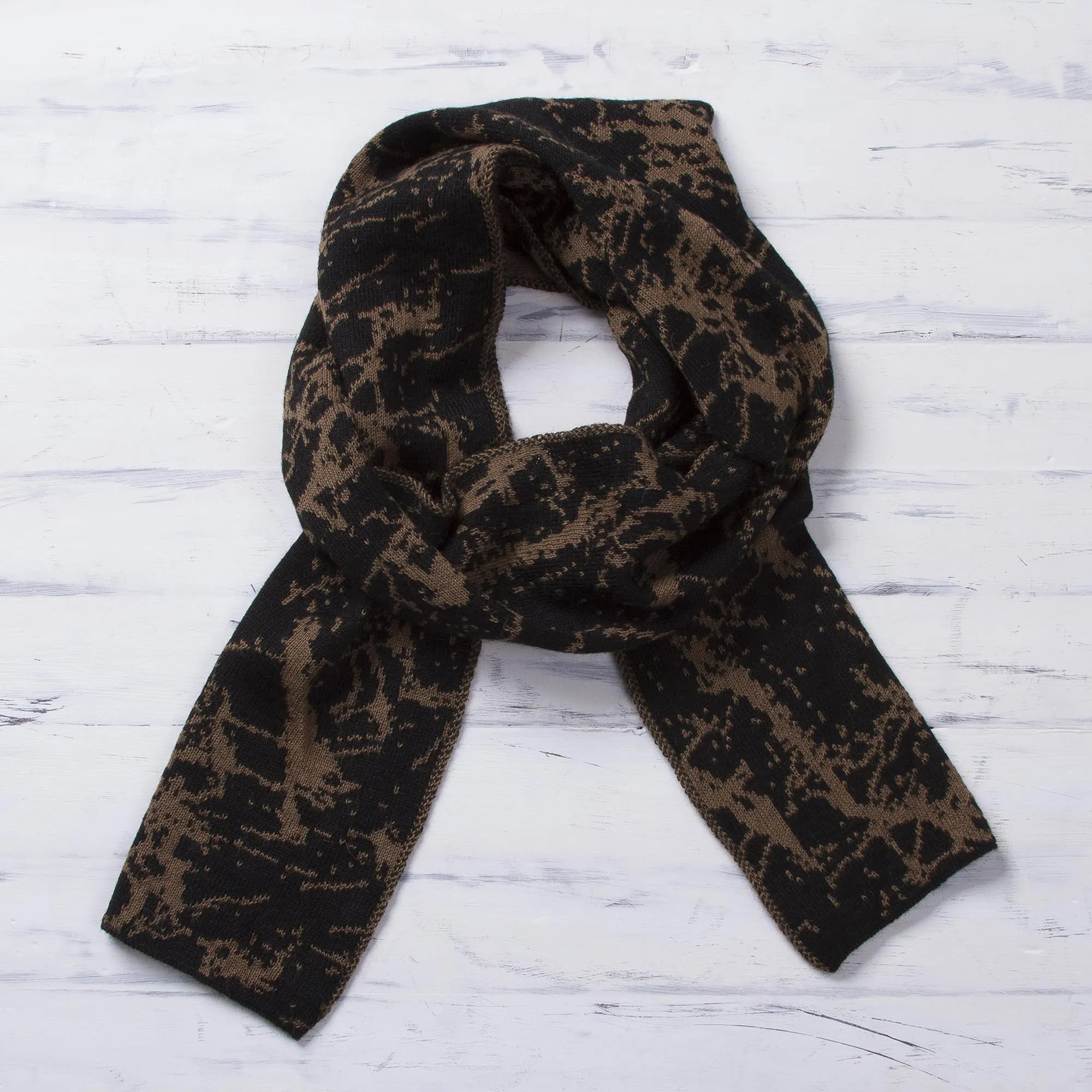 Reversible Variegated Brown and Black Alpaca Blend Scarf - Marbled Beauty | NOVICA