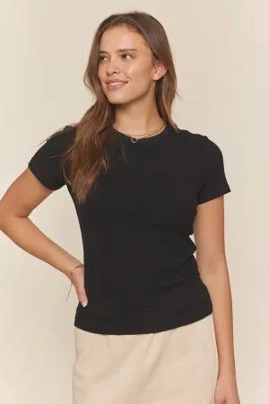 Rib Knit Short Sleeve Top in Black