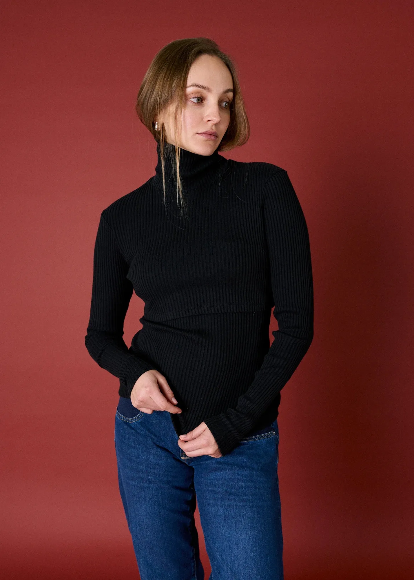 Ribbed Nursing Turtleneck Long Sleeve Knit