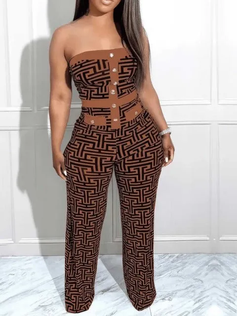 Sexy Strapless Brown & Black Italian Print Jumpsuit