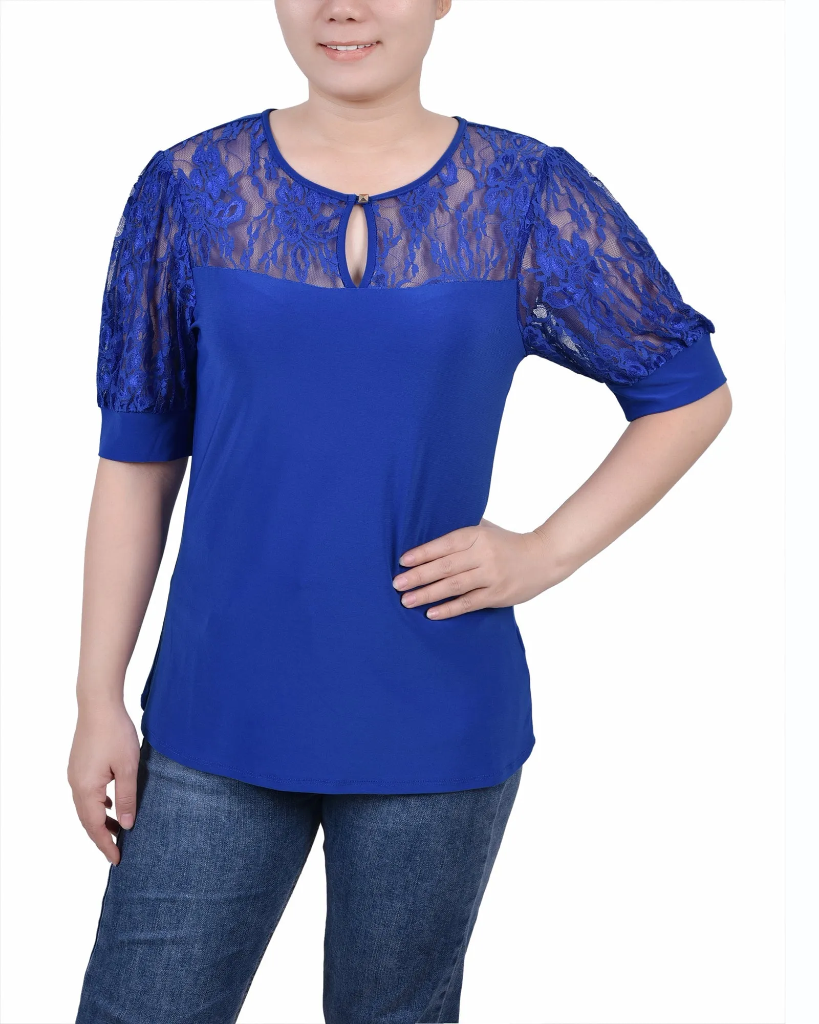 Short Sleeve Lace Yoke and Sleeve Top