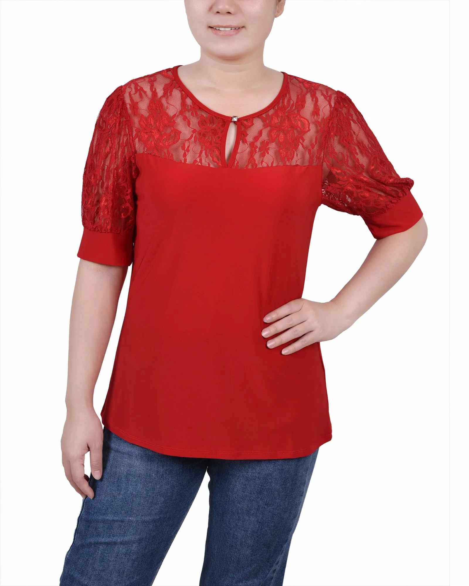 Short Sleeve Lace Yoke and Sleeve Top