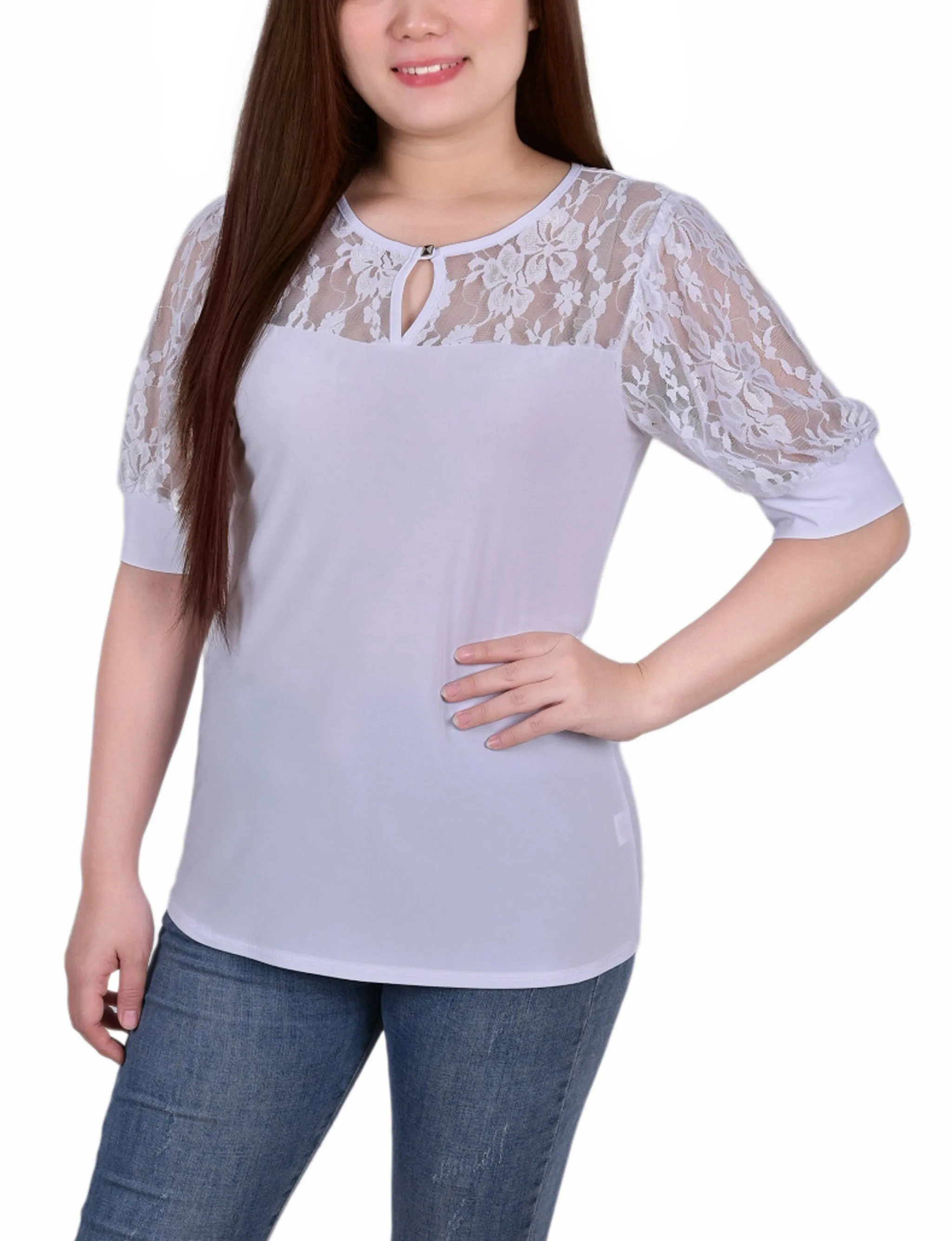 Short Sleeve Lace Yoke and Sleeve Top