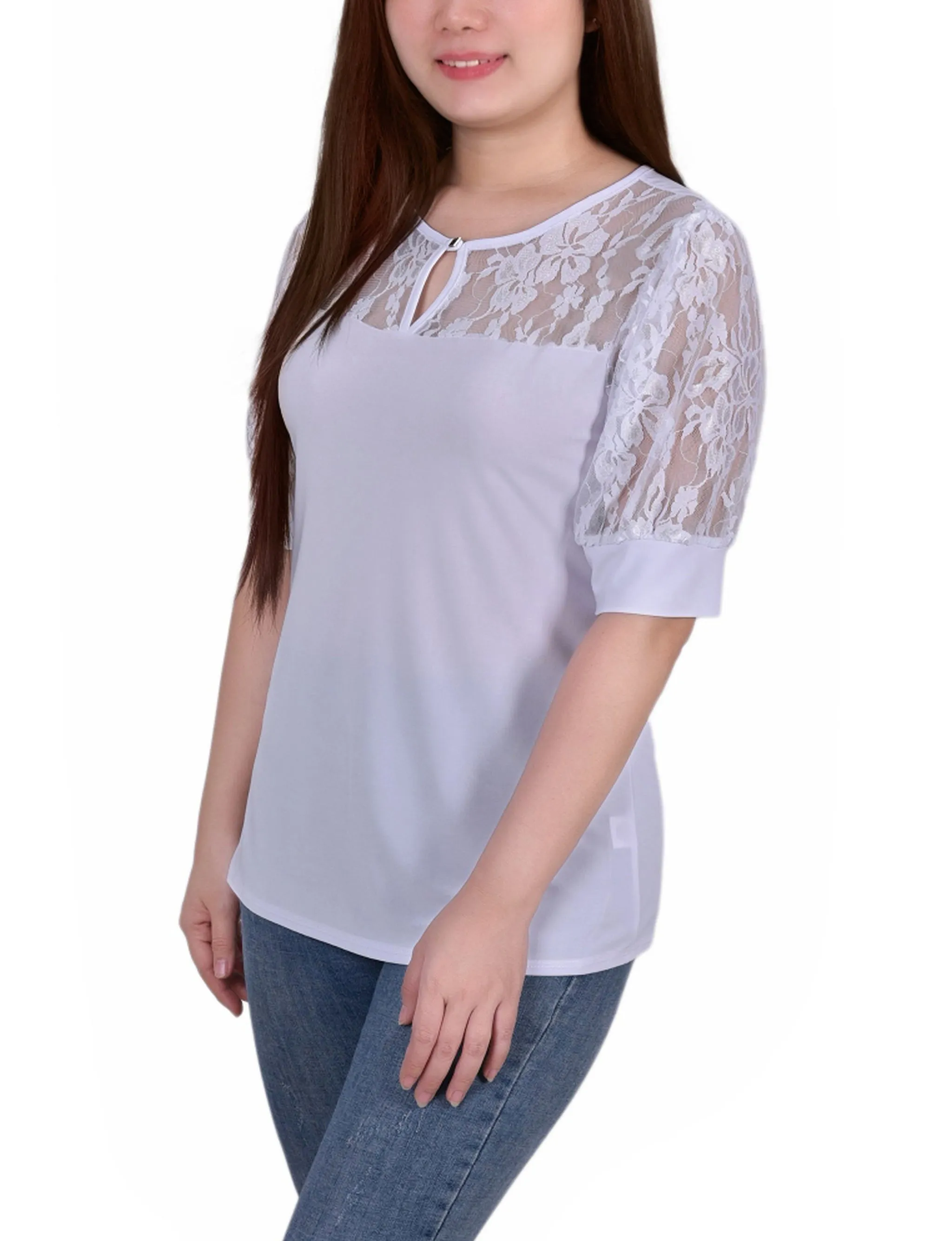 Short Sleeve Lace Yoke and Sleeve Top