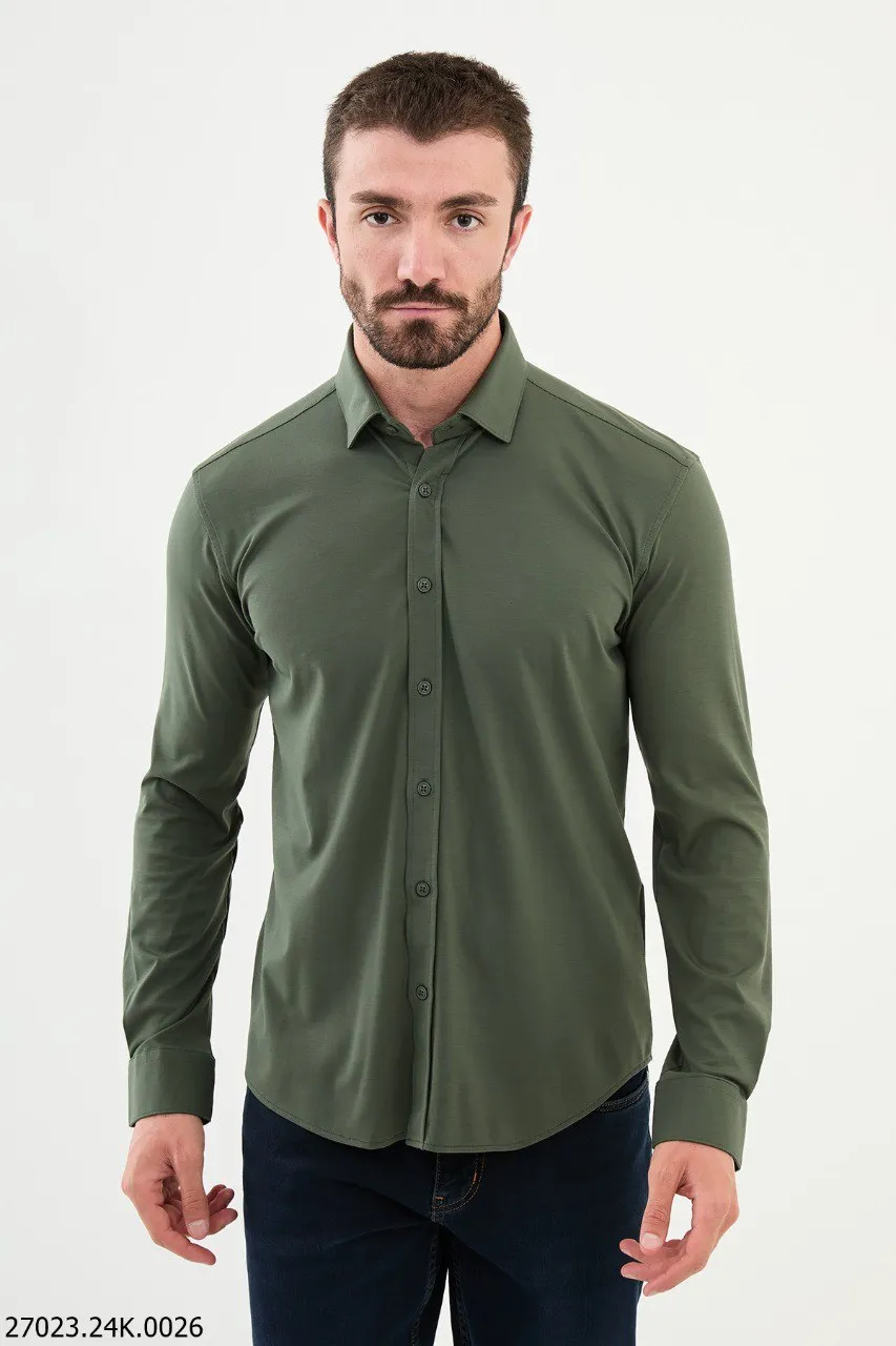 Slim-Fit Green Button-Up Shirt.