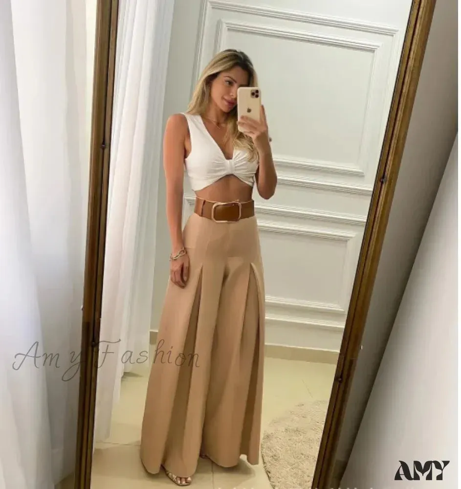 Solid Color Open Fold High Waist Wide Leg Elegant Pants