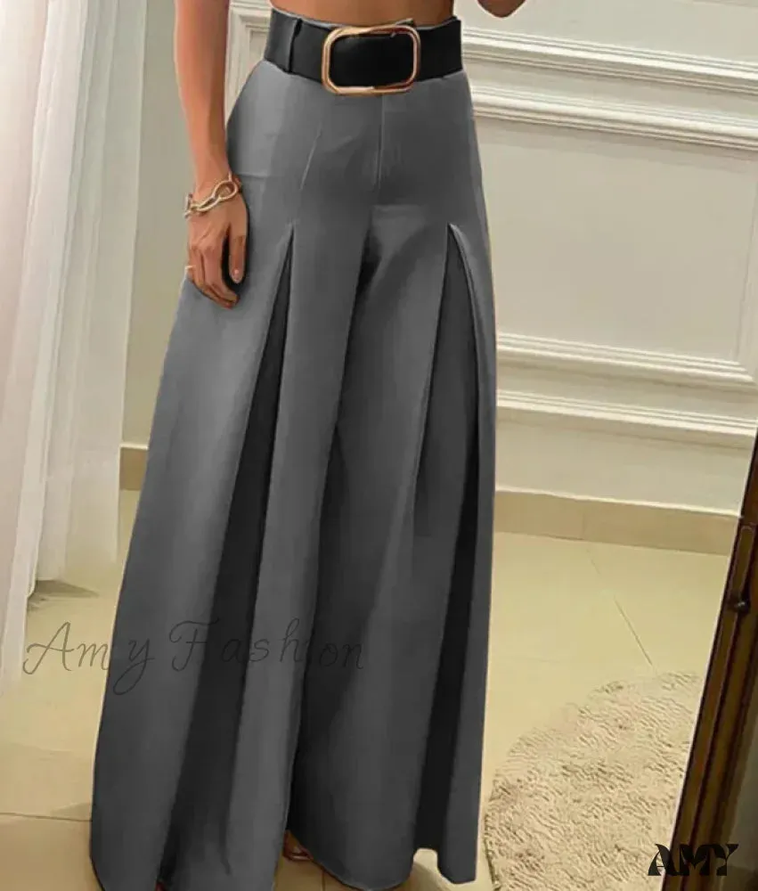 Solid Color Open Fold High Waist Wide Leg Elegant Pants