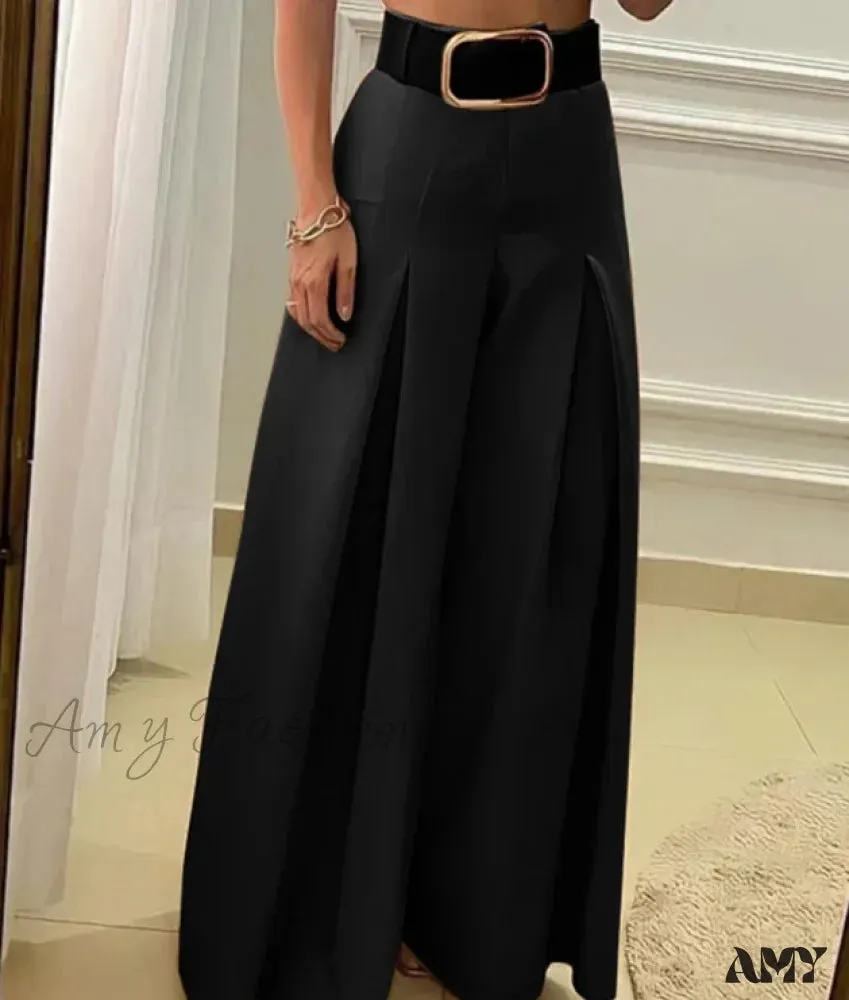 Solid Color Open Fold High Waist Wide Leg Elegant Pants