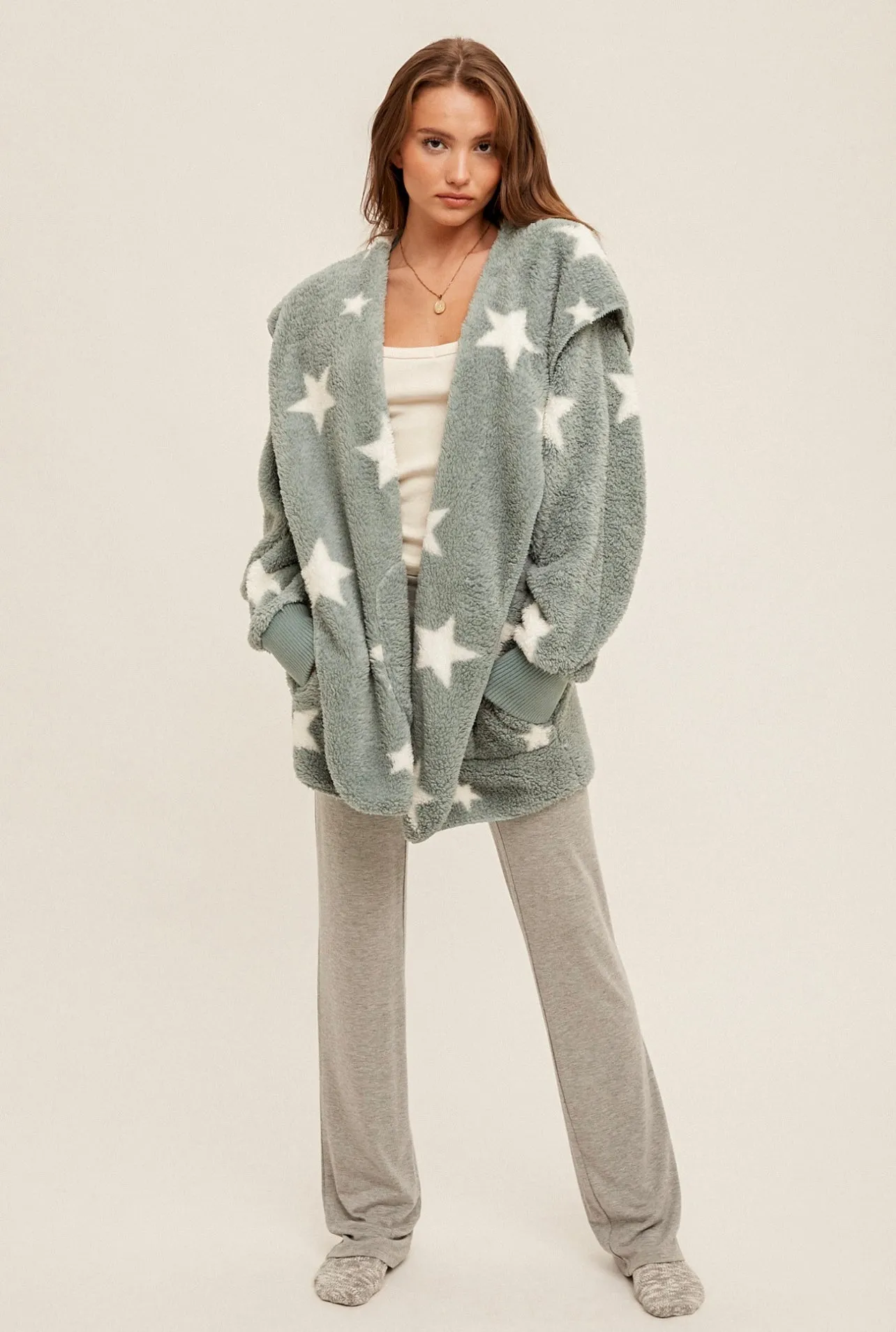 Star Print Sherpa Fleece Cozy Jacket with Pockets