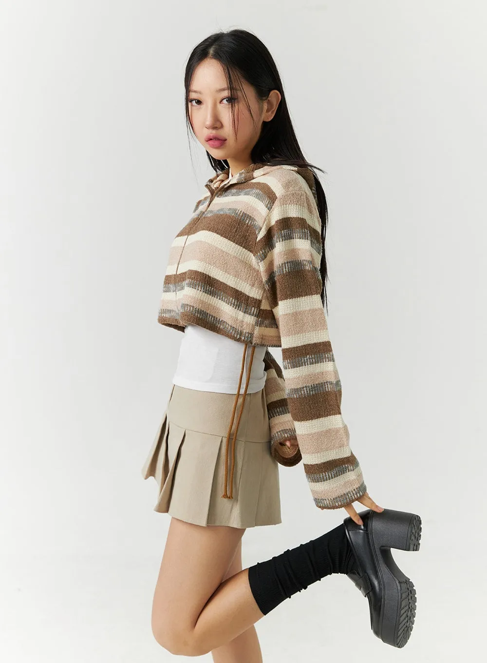 Striped Shirring Hooded Crop Sweater CD301