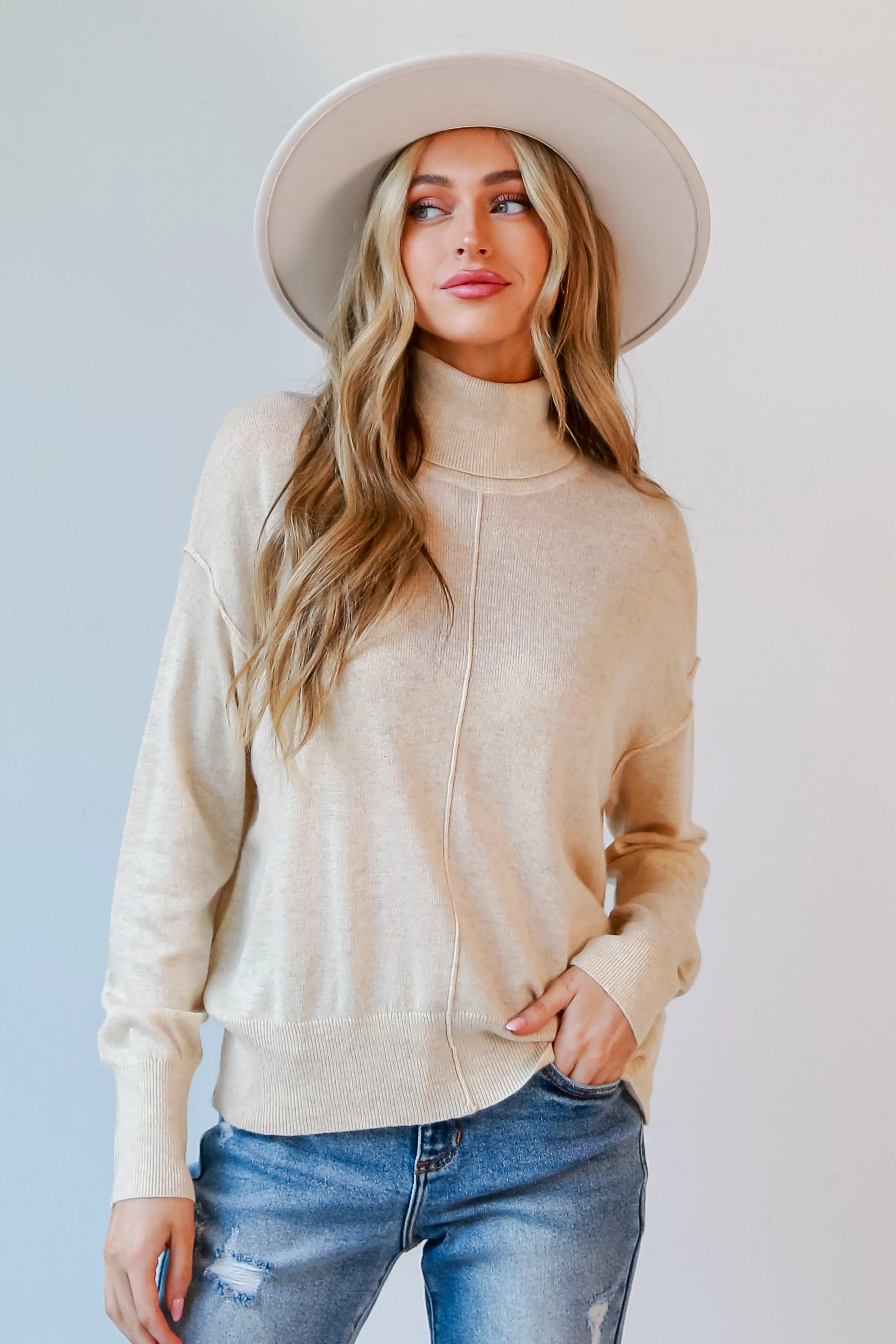 Sutton Oatmeal Turtleneck Lightweight Knit Sweater - DOORBUSTER