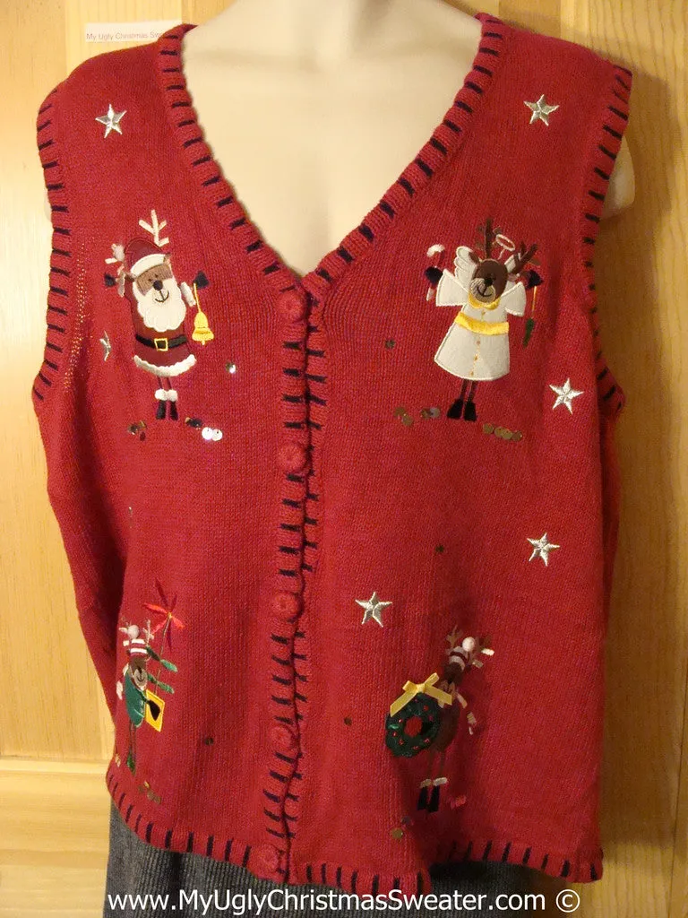 Tacky Christmas Sweater Party Ugly Sweater Vest Festive Angel Reindeer and Santa  (f909)