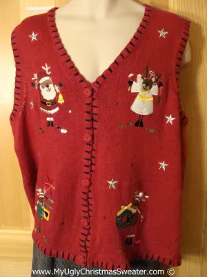 Tacky Christmas Sweater Party Ugly Sweater Vest Festive Angel Reindeer and Santa  (f909)