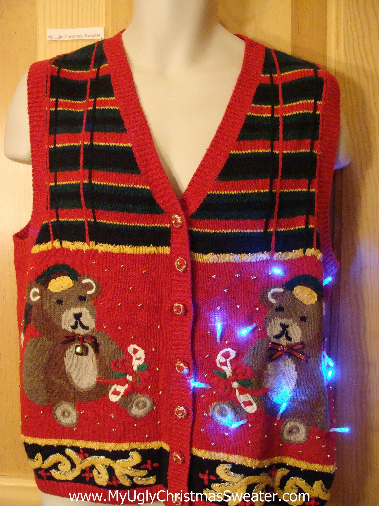 Tacky Christmas Sweater Vest Teddy Bear with Lights