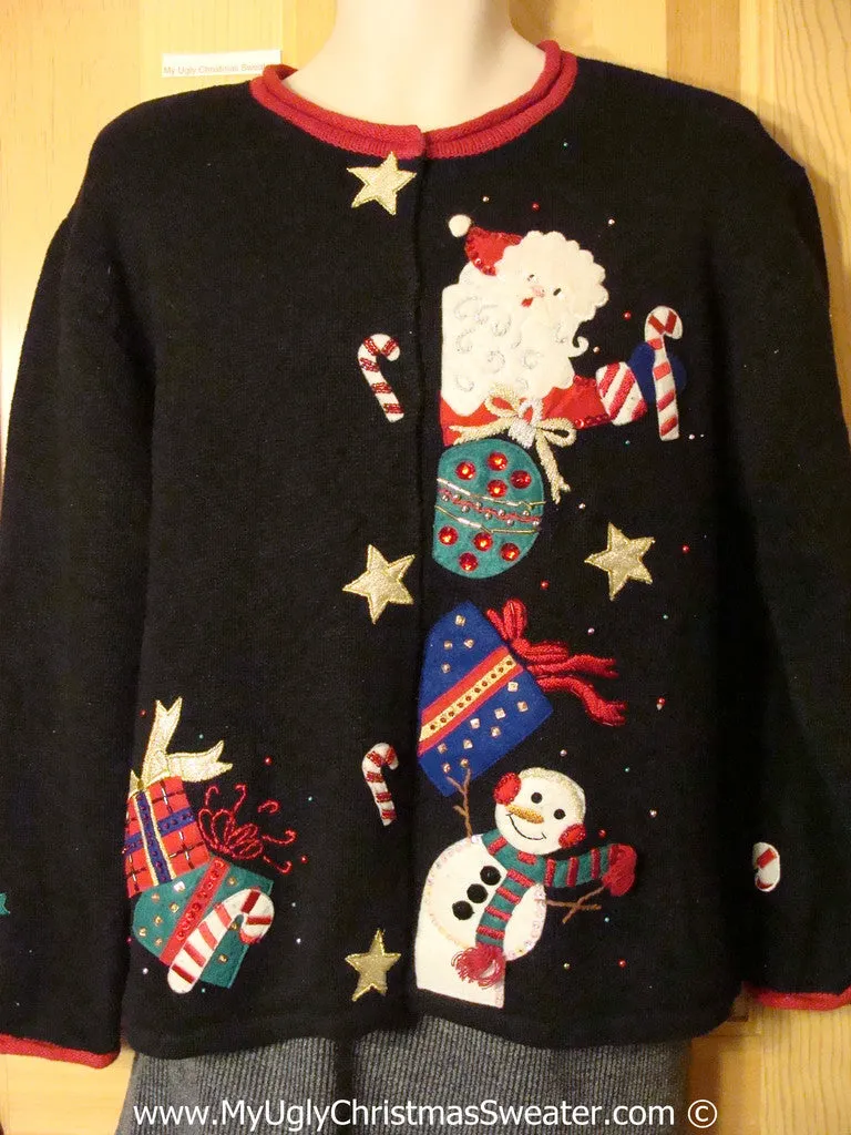 Tacky Holiday Sweater with 80s Style Padded Shoulders, Santa, and Gifts  (f1083)