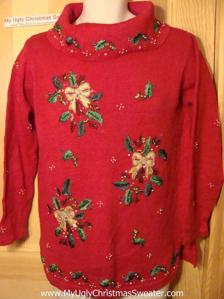 Tacky Red Ugly Christmas Sweater with 80s Style and Bling Bows and Ivy  (f50)