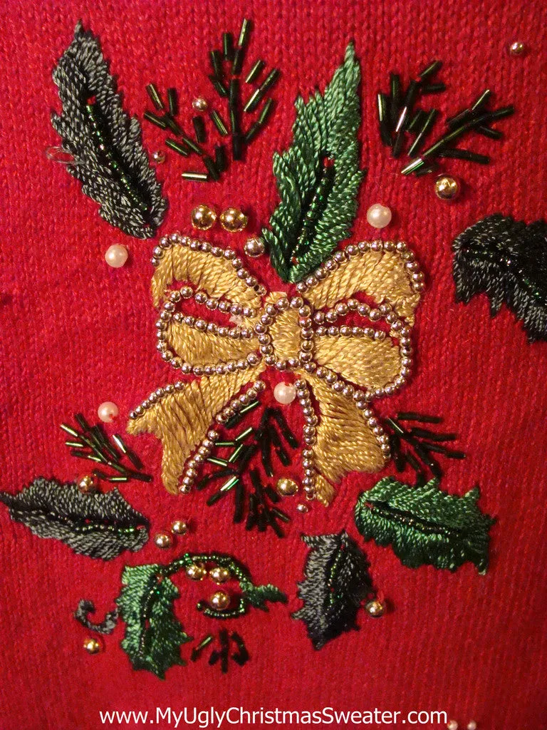 Tacky Red Ugly Christmas Sweater with 80s Style and Bling Bows and Ivy  (f50)