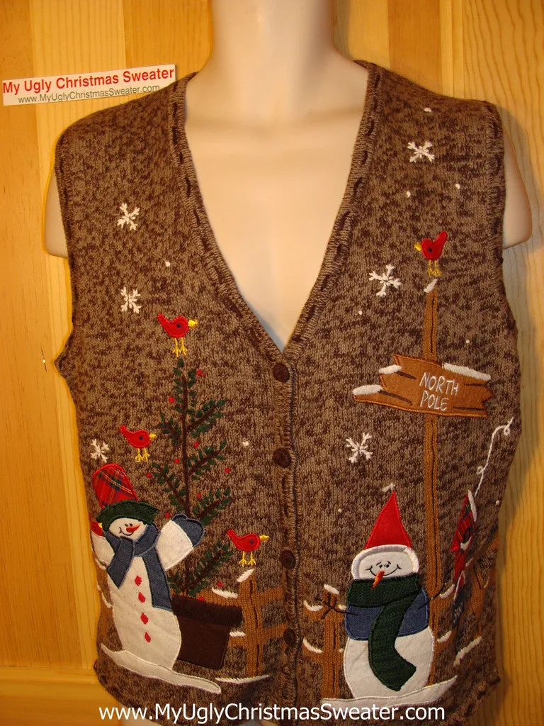 Tacky Ugly Christmas Sweater Brown Vest with a Couple of Cold Snowmen at the North Pole  (f160)