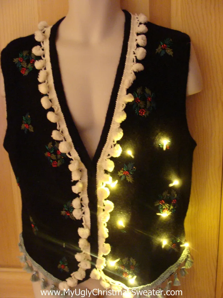 Tacky Ugly Christmas Sweater Vest with Lights and Fringe (g18)