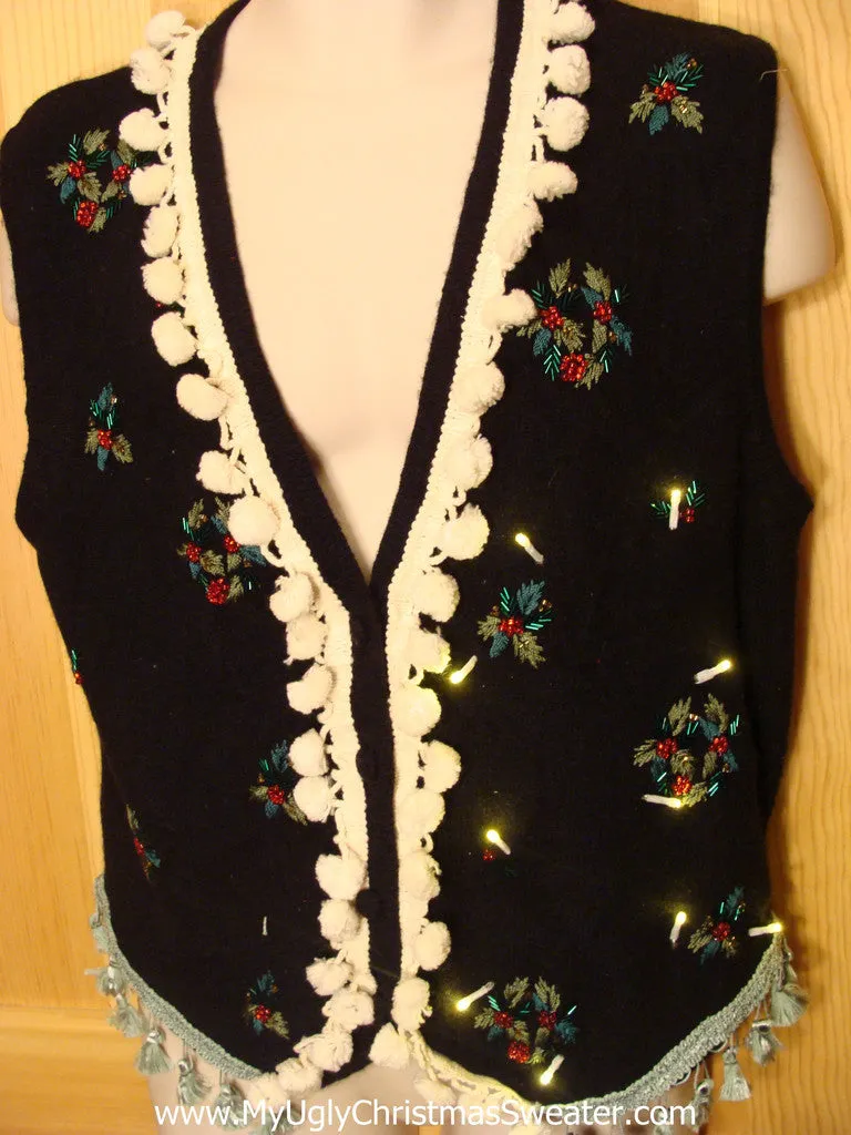 Tacky Ugly Christmas Sweater Vest with Lights and Fringe (g18)