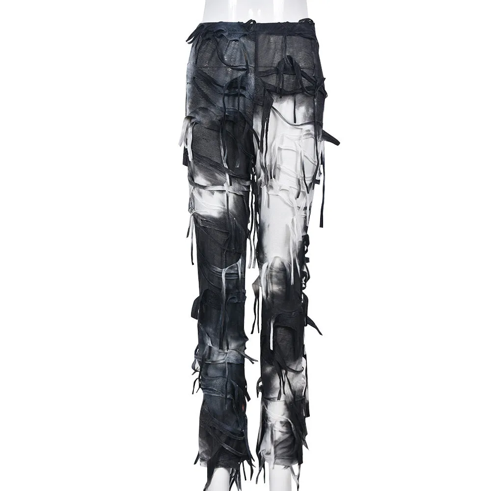 Tassel Trim High Waist Distressed Flare Pants