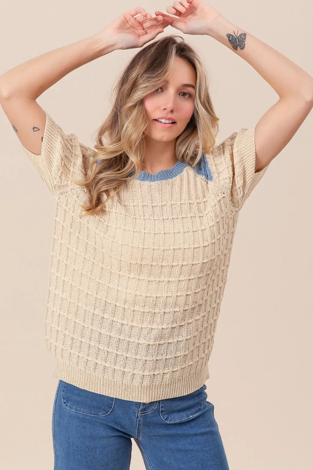 Textured Contrast Short Sleeve Sweater