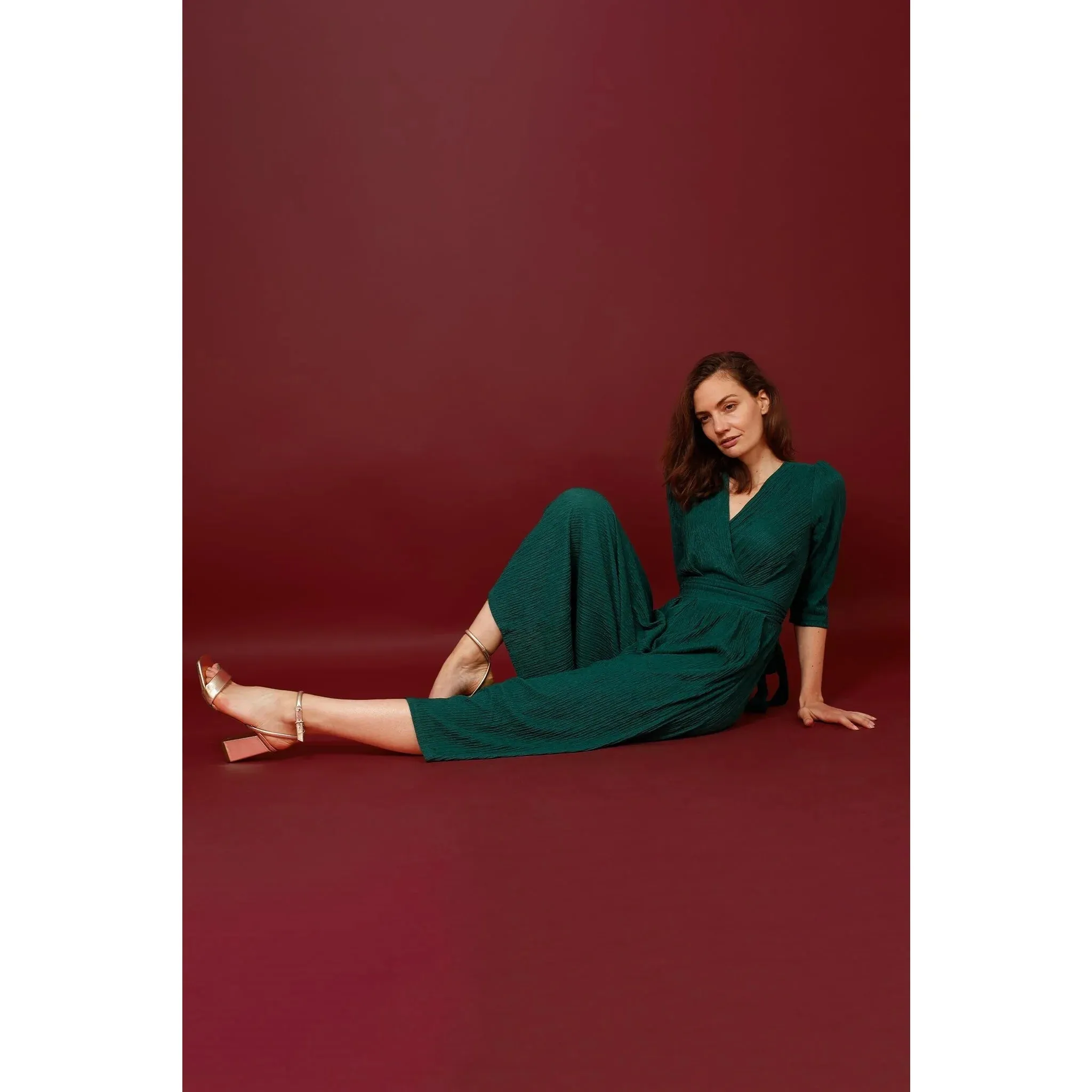 Textured Green Plain Culotte Jumpsuit