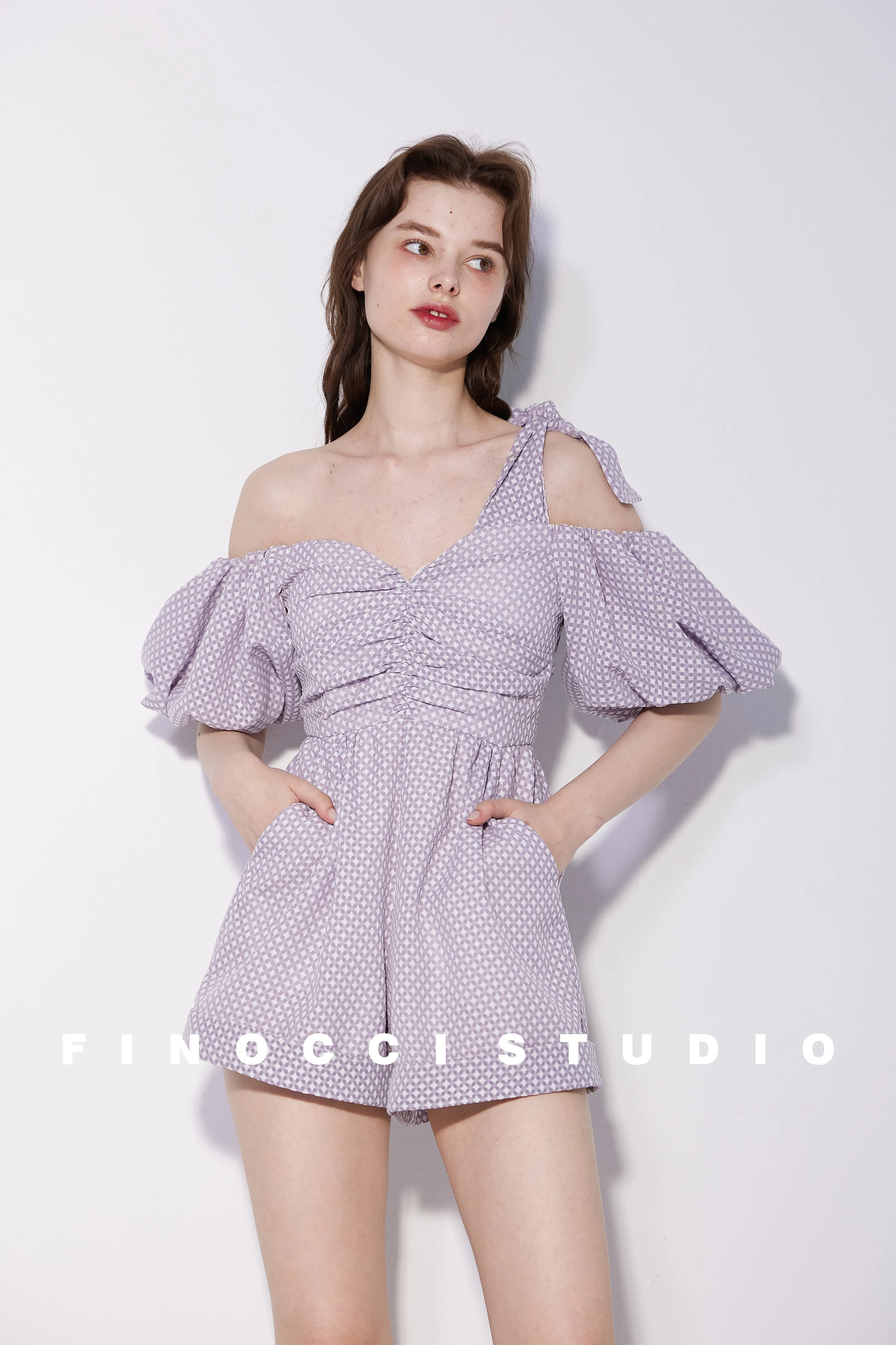 Textured soft purple asymmeric romper - Mia