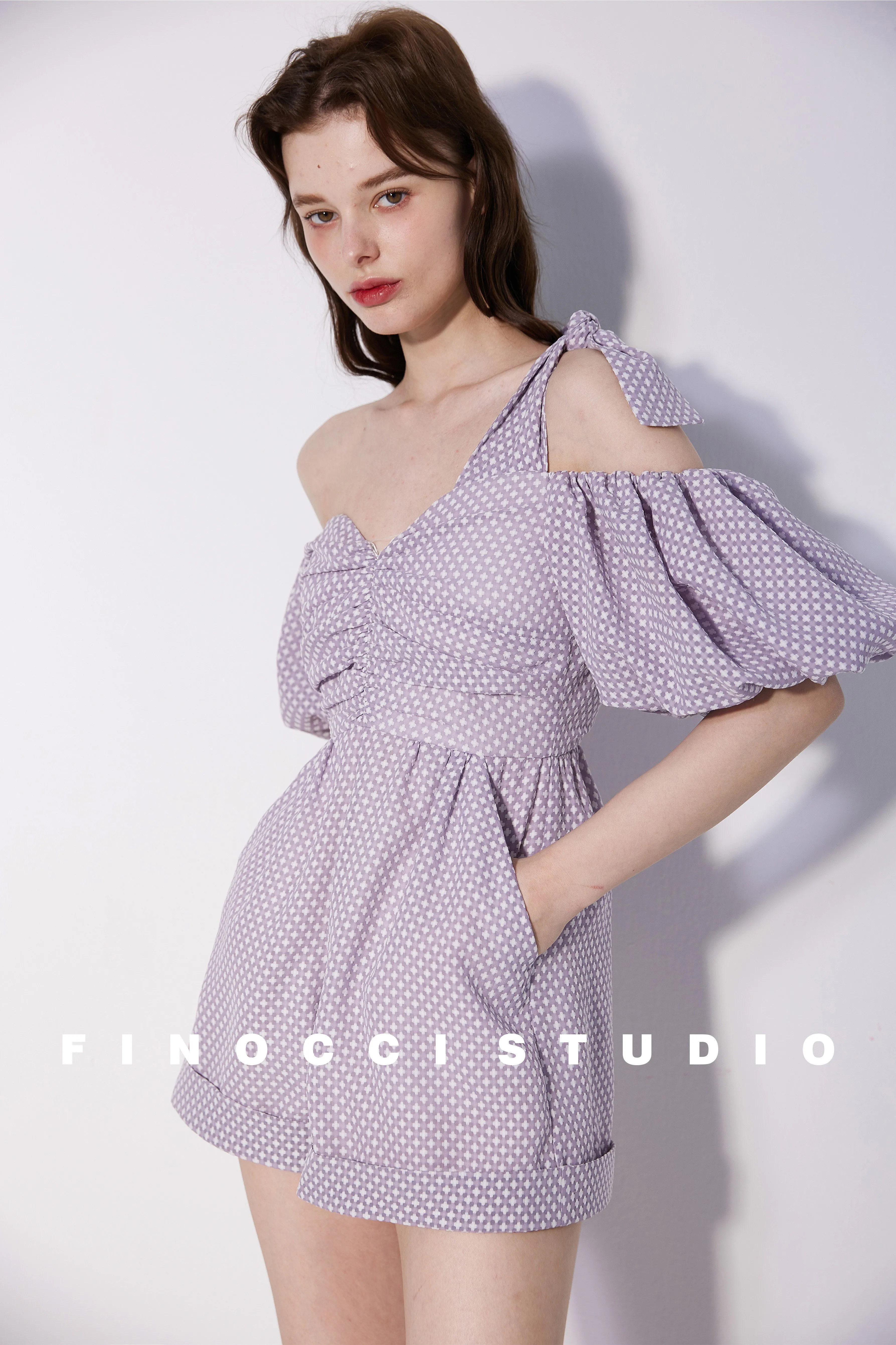 Textured soft purple asymmeric romper - Mia