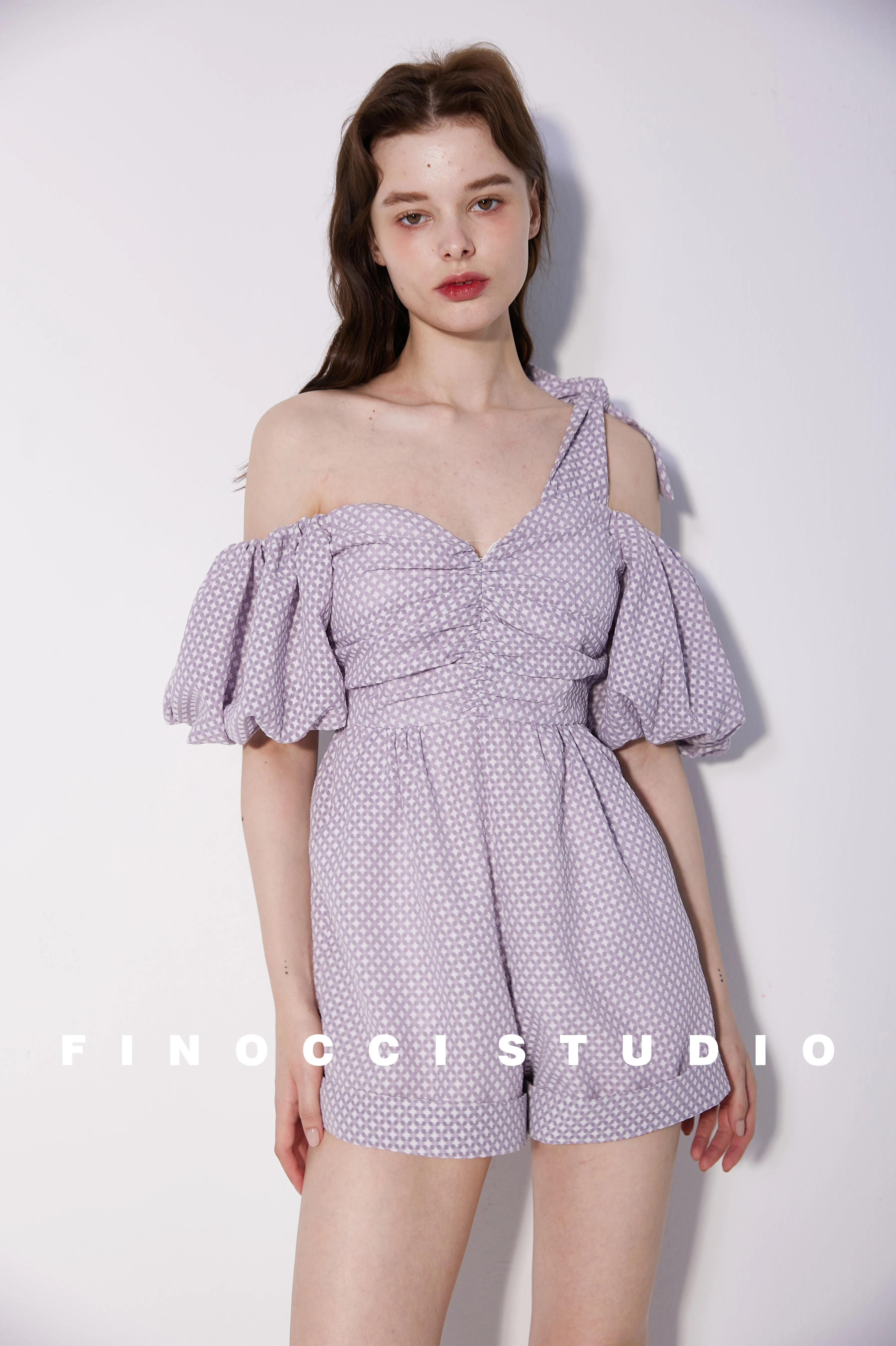 Textured soft purple asymmeric romper - Mia