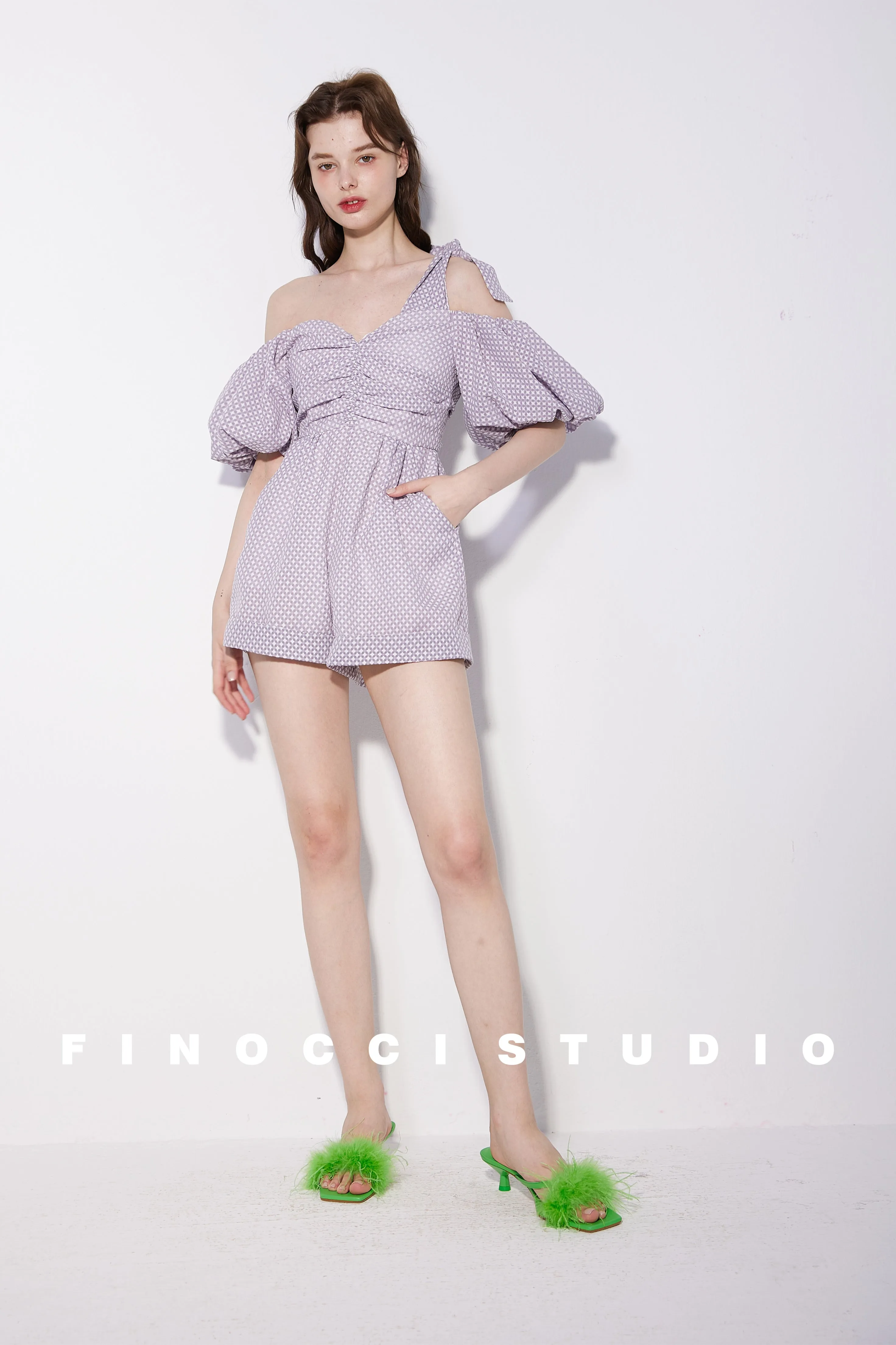 Textured soft purple asymmeric romper - Mia