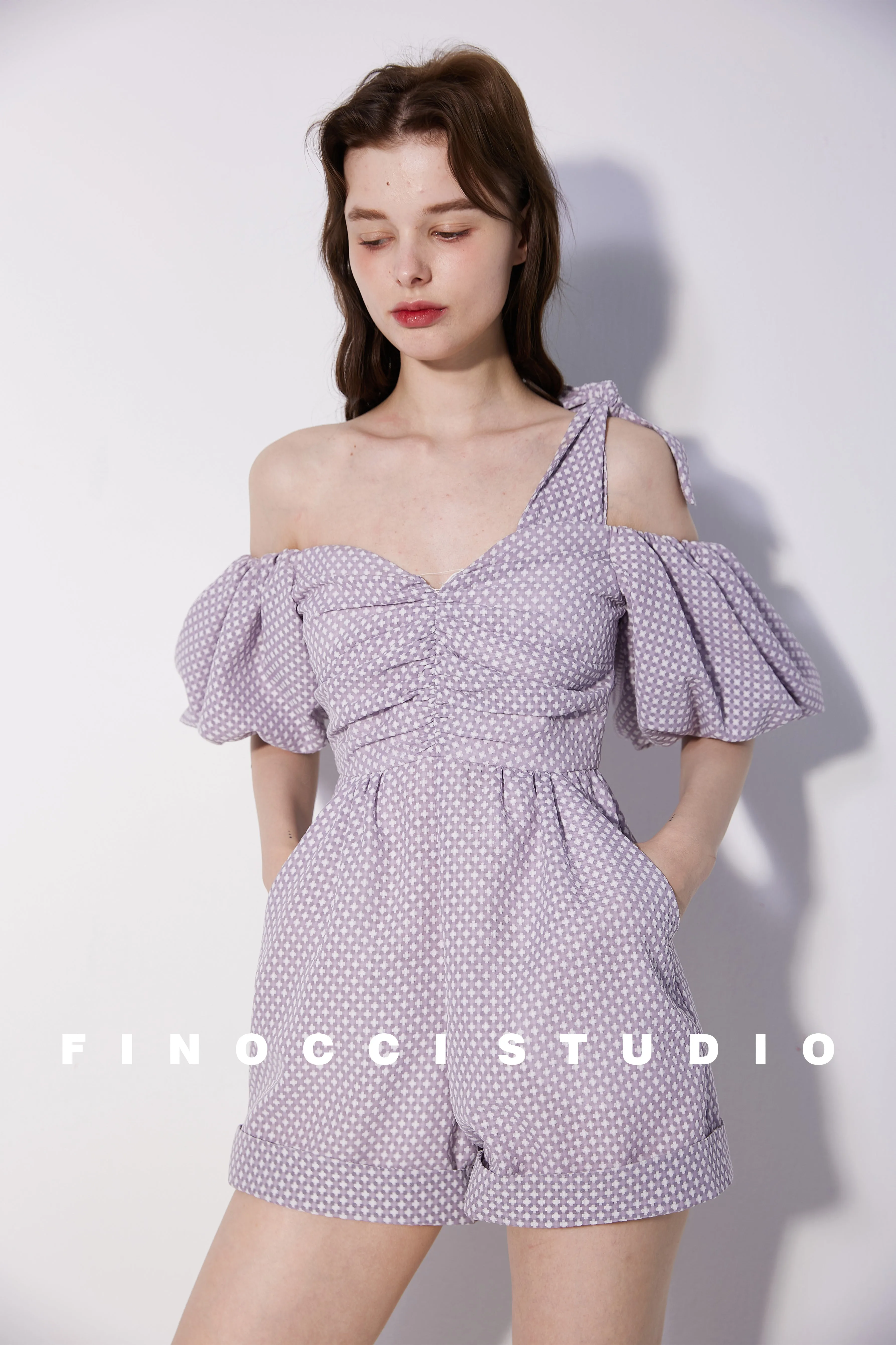 Textured soft purple asymmeric romper - Mia