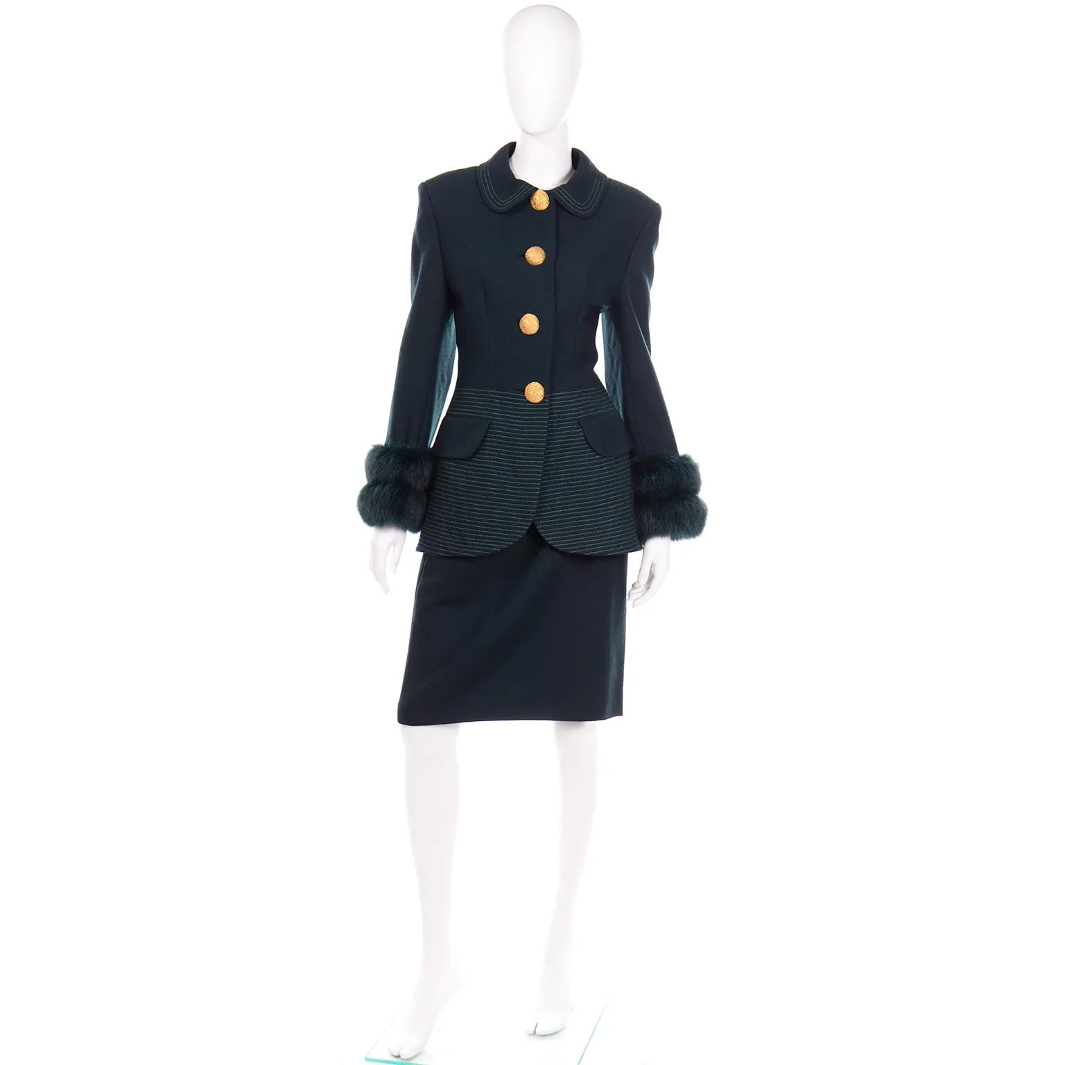 Tomasz Starzewski Vintage Green Skirt Suit With Fox Fur Cuffs