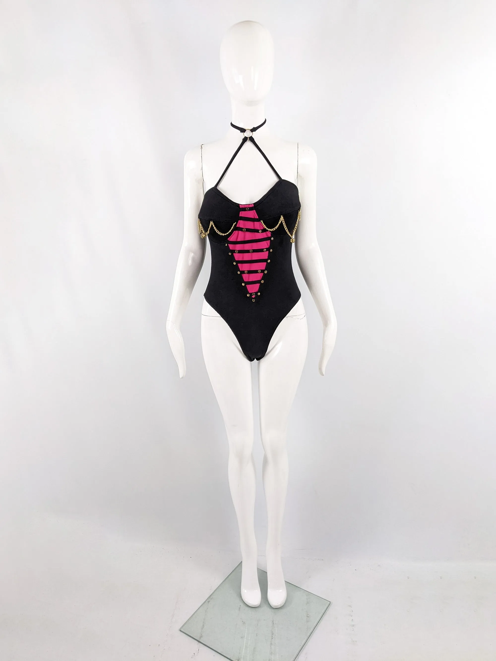 Tropical Climax Vintage Black & Pink Womens Chain Bodysuit, 1980s