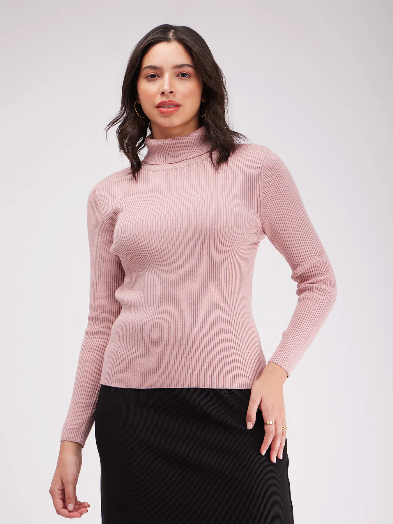 Turtle Neck Ribbed Sweater - Pink