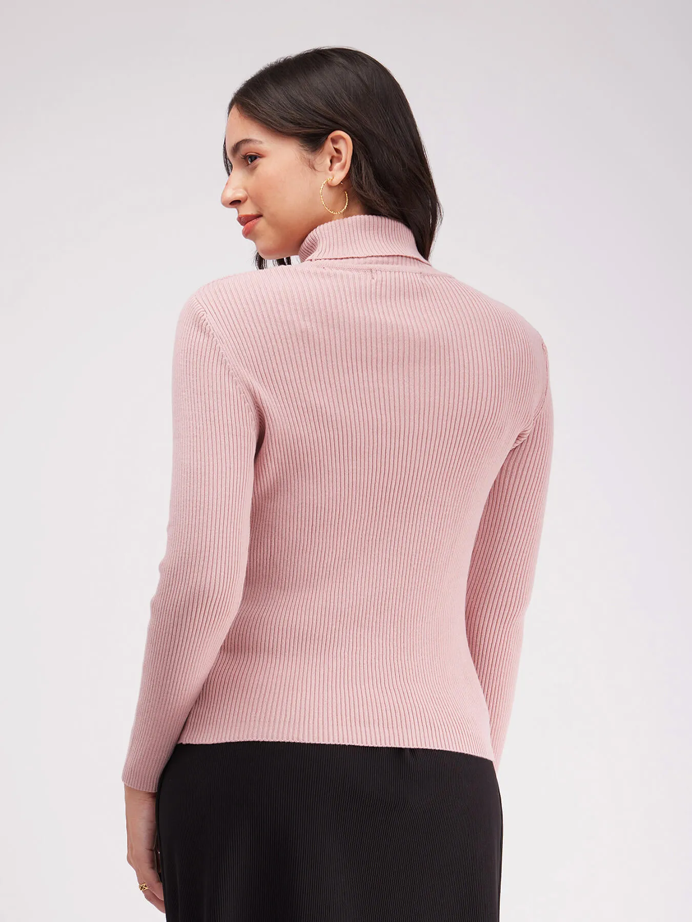 Turtle Neck Ribbed Sweater - Pink