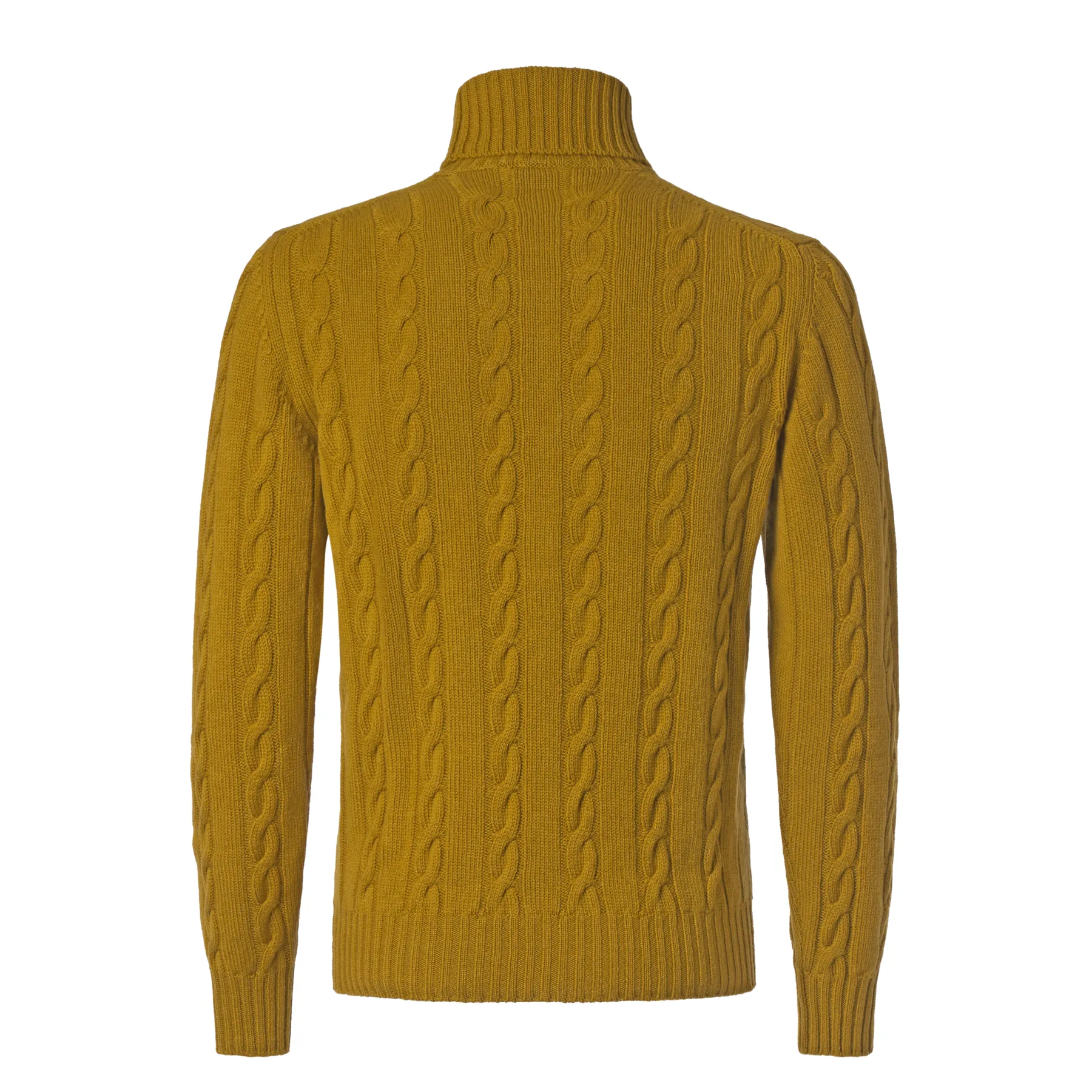 Turtleneck Cable-Knit Wool, Silk and Cashmere-Blend Sweater in Mustard Yellow