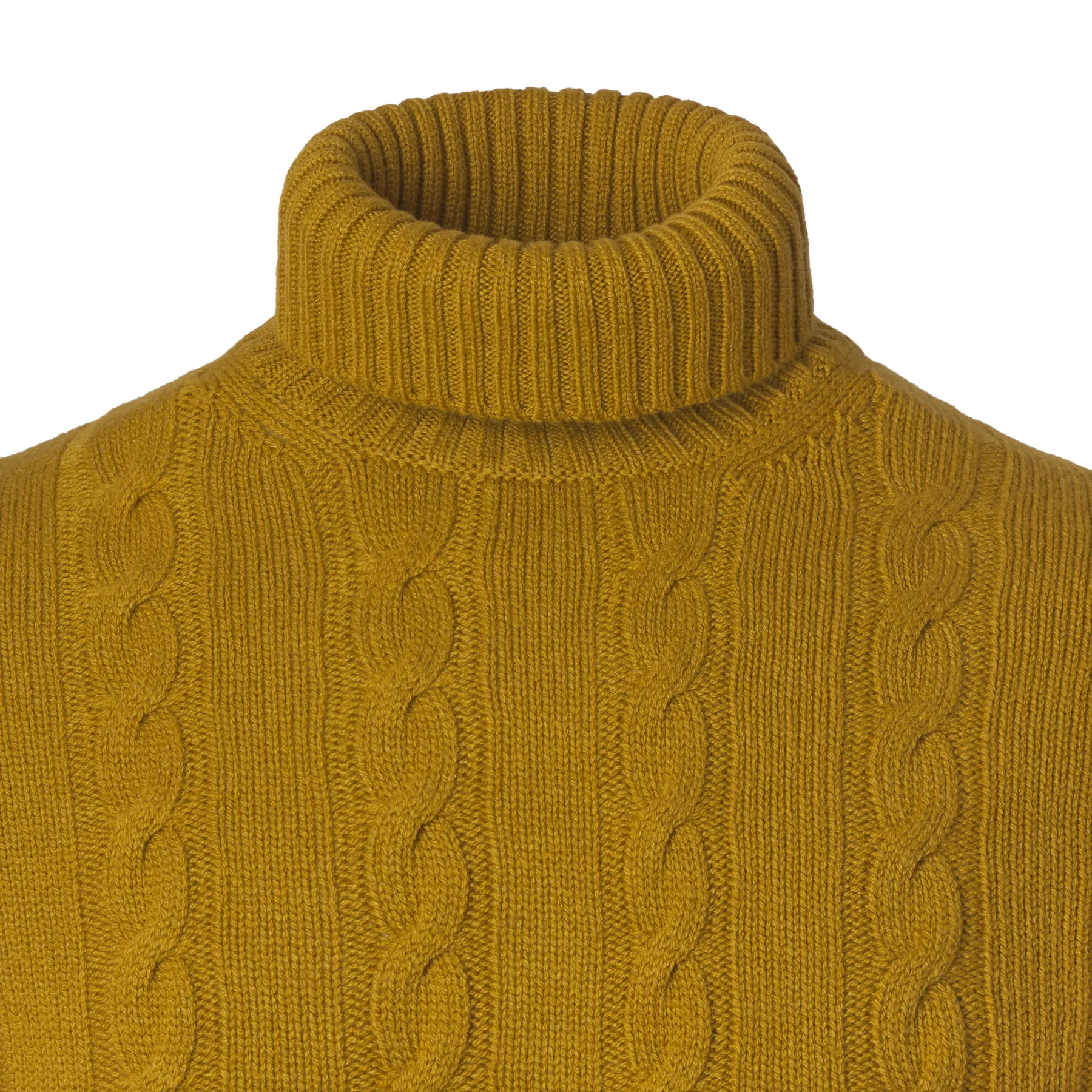 Turtleneck Cable-Knit Wool, Silk and Cashmere-Blend Sweater in Mustard Yellow