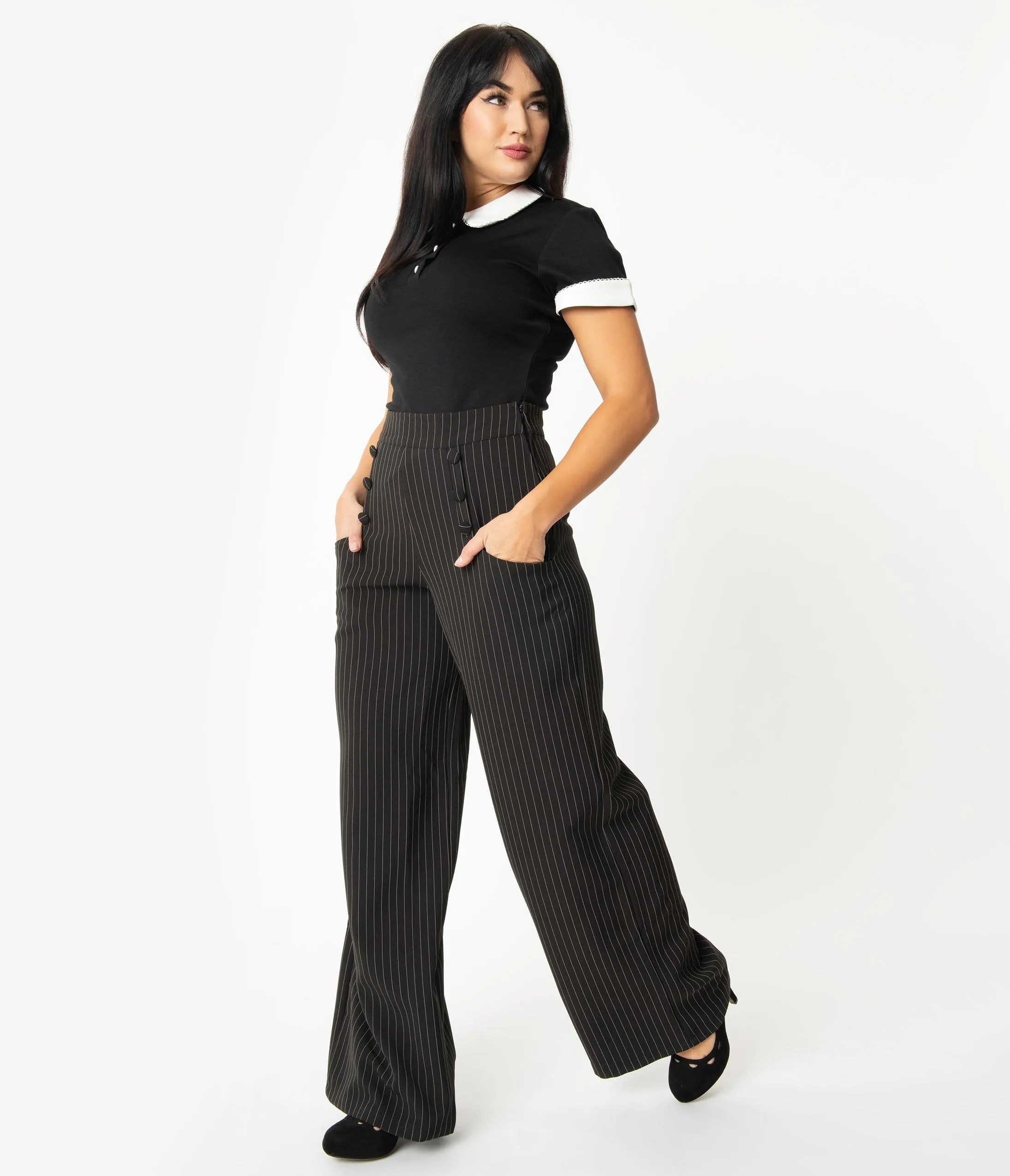 Unique Vintage 1940s Black Pin Stripe High Waist Ginger Pants