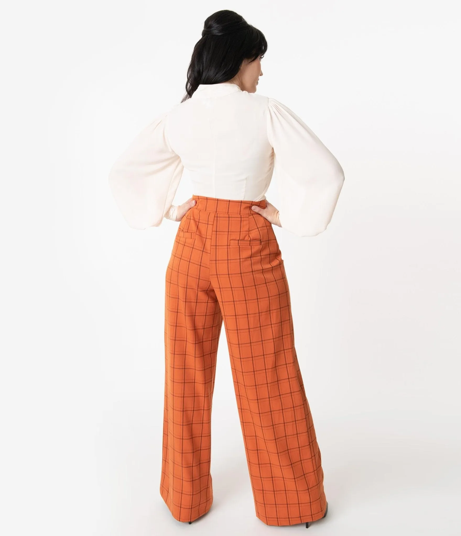 Unique Vintage 1940s Orange Windowpane High Waist Ginger Pants