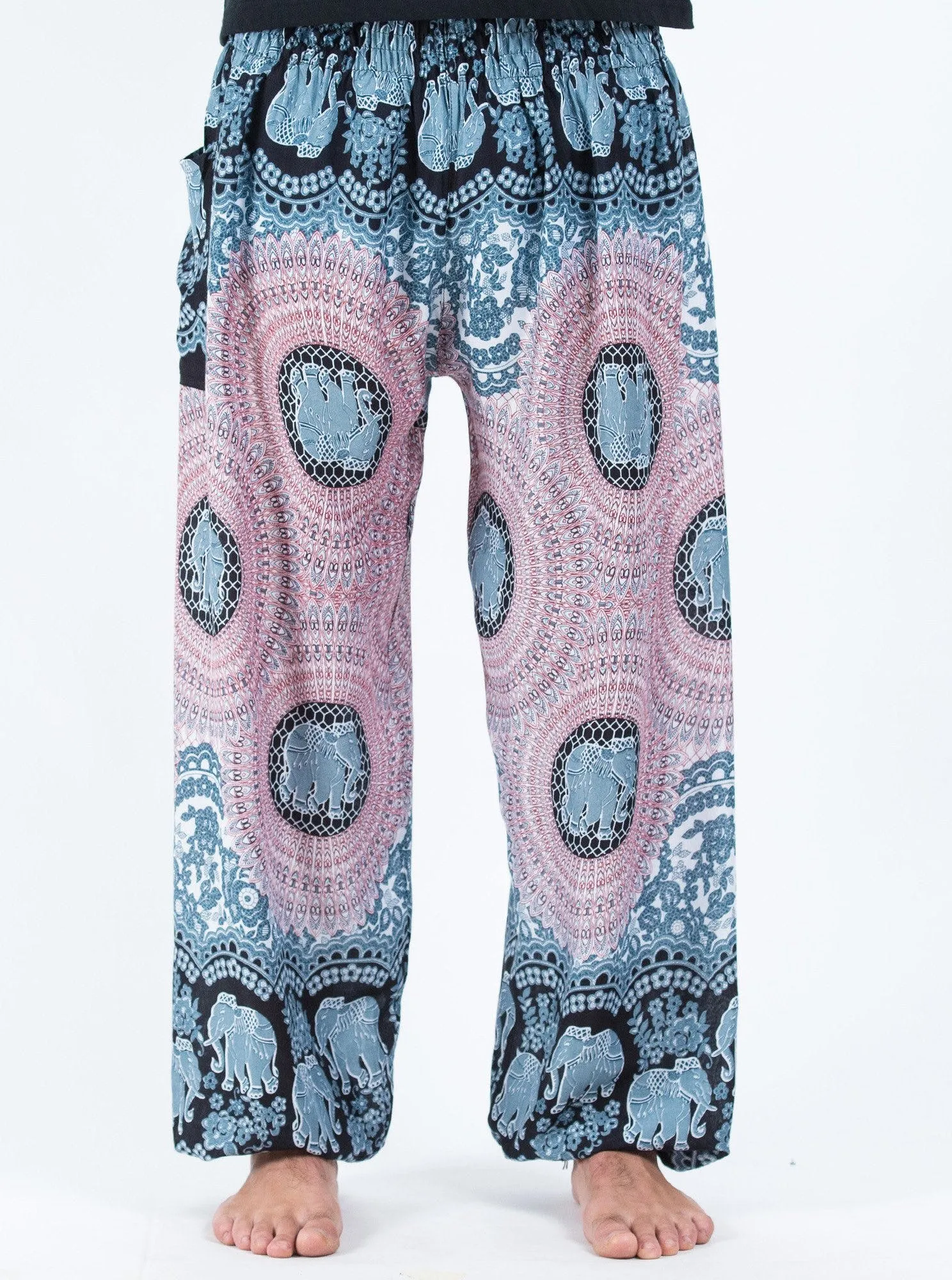 Unisex Mandala Elephants Harem Pants in Silver Gray