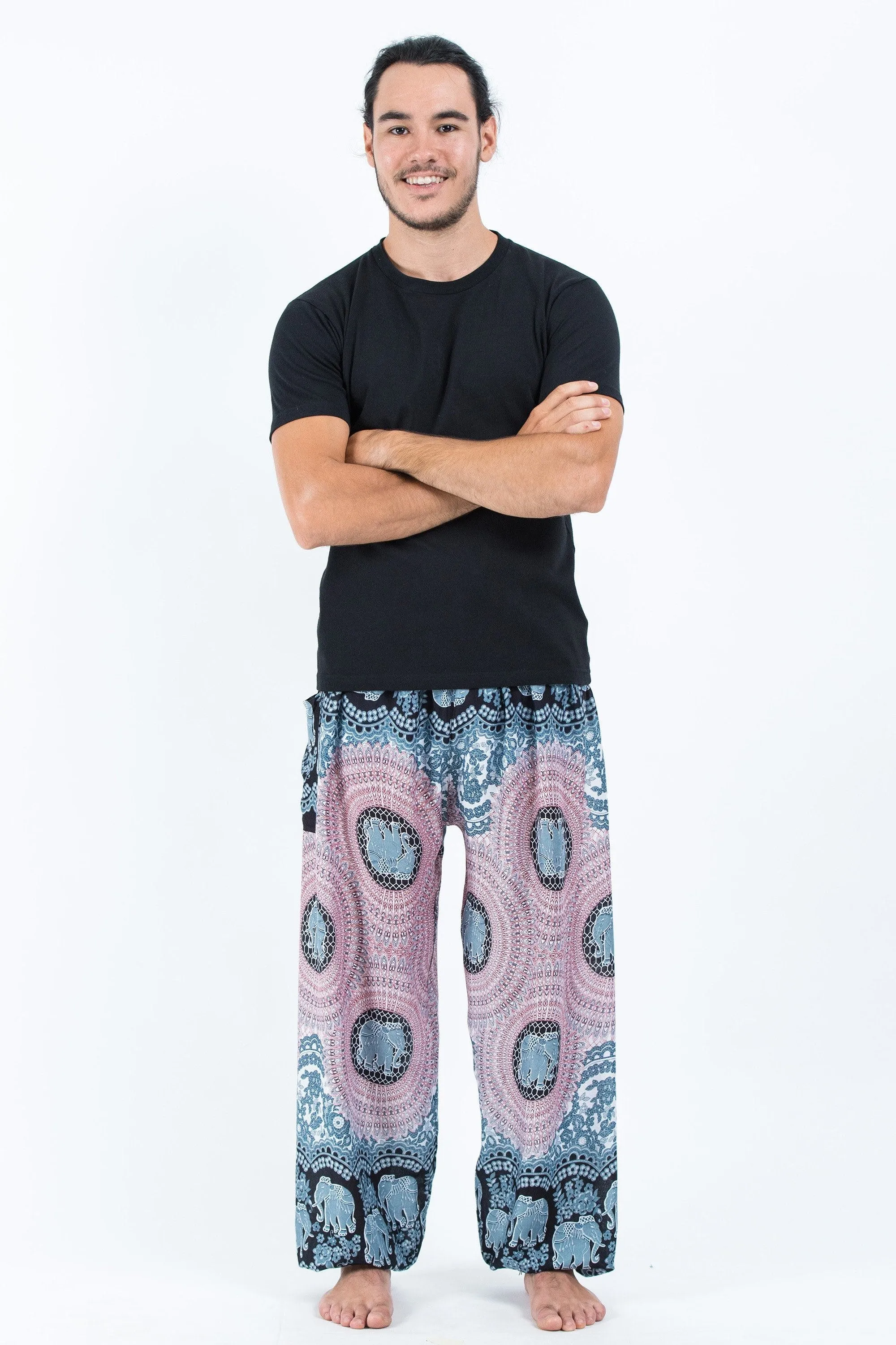 Unisex Mandala Elephants Harem Pants in Silver Gray